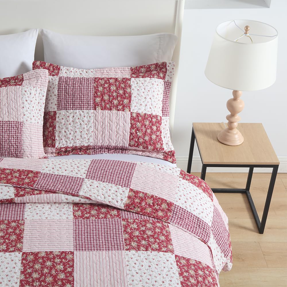 ENASAL Cotton Bedspread Quilt Bedding Sets Reversible Coverlet Sets Comforters Plaid Floral Red White Patchwork Pattern Bedspread for All Season, Queen Size