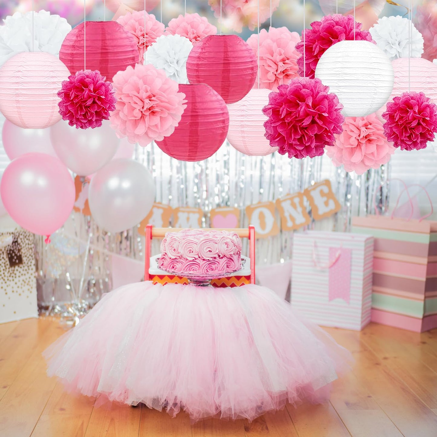 Celehappy Pink Paper Lanterns - Party Decorations Tissue Pom Poms for Weddings Birthdays - 18pcs Hanging Lanterns - Pink/White/Rose