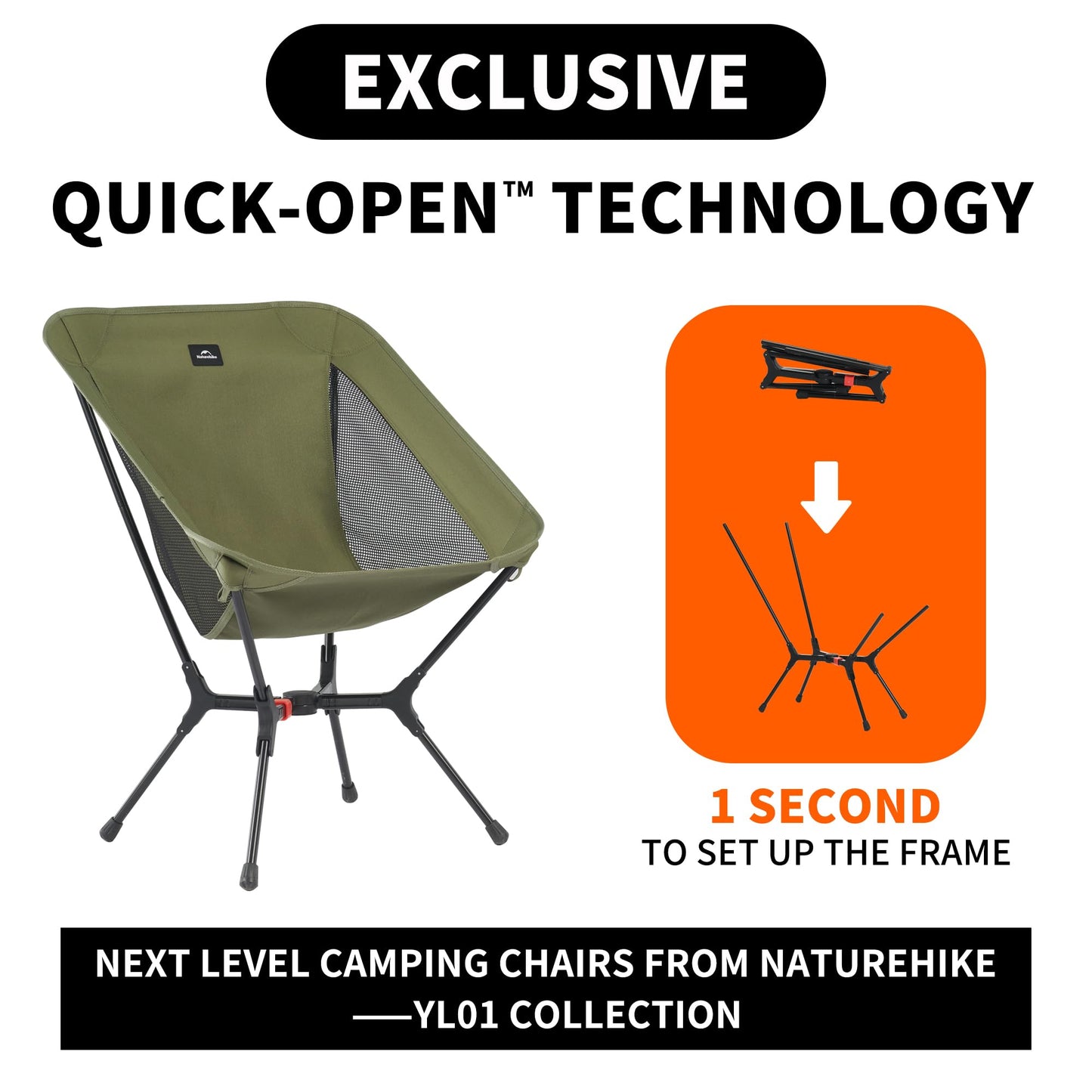 Naturehike YL01 Snap Camping Chair, 1 Second Setup Frame, 441lb Capacity Camp Chair, Portable & Lightweight Backpacking Chair