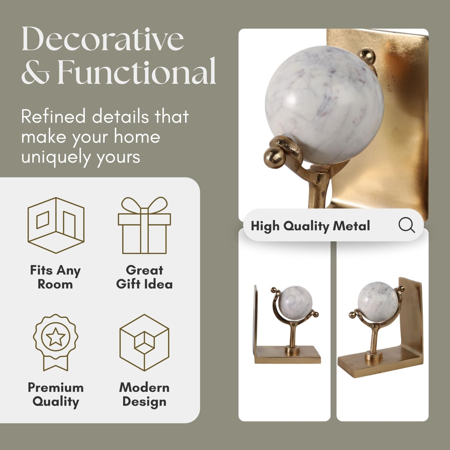 Set of 2 Marble Globe Bookends – Decorative Shelf Decor with Metal Structure and White Marble Base – Modern Home Decor Accent for Bookshelves Desks and Office Styling, 65", Gold & White