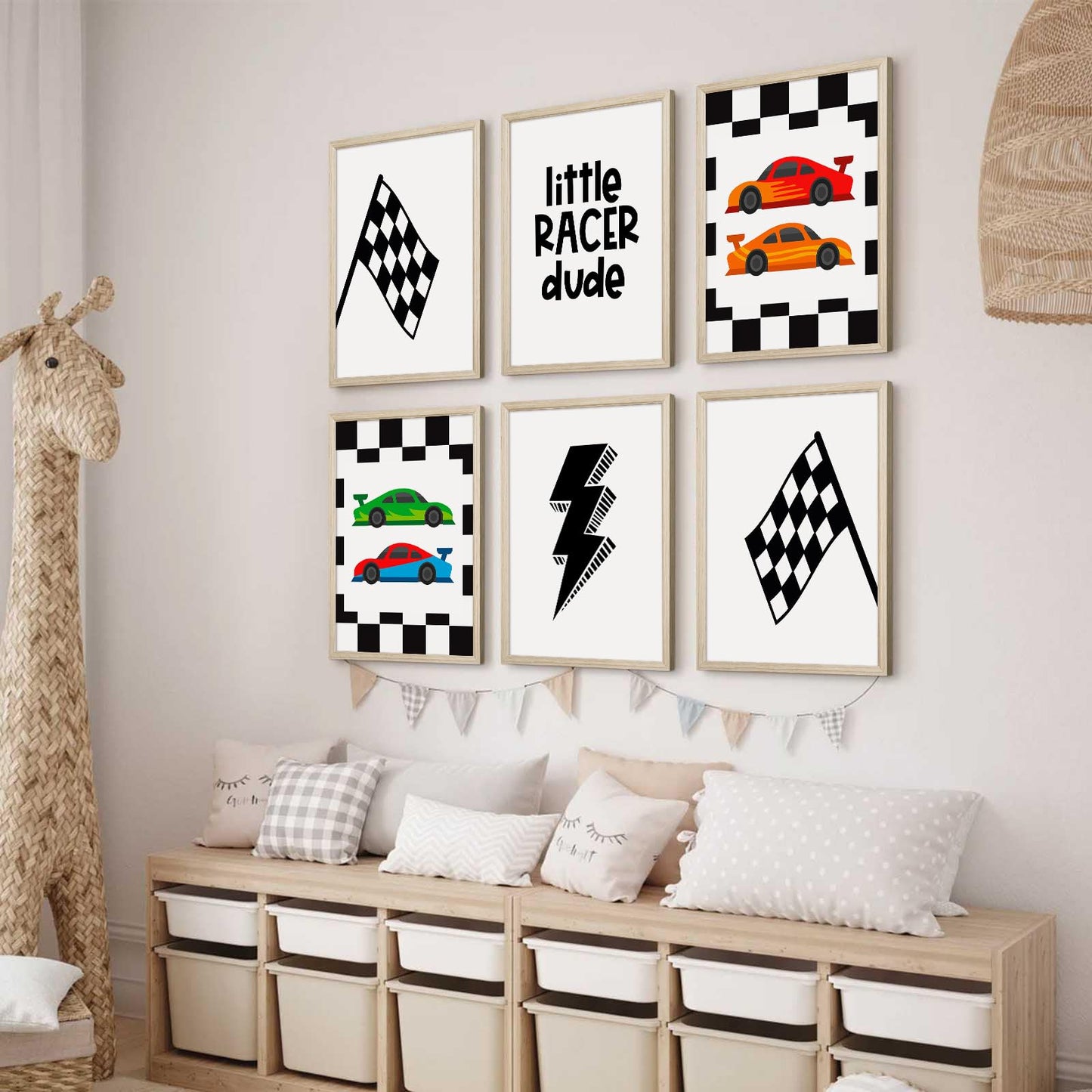 Race Car Wall Art Pictures Boys Room Wall Decor Nursery Toddler Canvas Wall Art Kids Playroom Art Prints Boys Race Car Poster Nursery Artwork Set of 6 for Bedroom 8x10 Inch Wood Framed