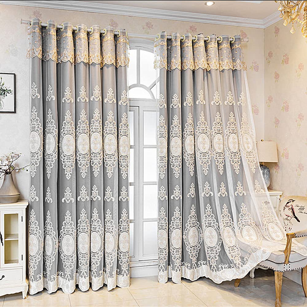 Amidoudou 1 Pair Luxury 3D Flower Embroidered Curtains for Bedroom European Double Layer Curtains with Valances for Living Room (Grey,52x84 Inch)