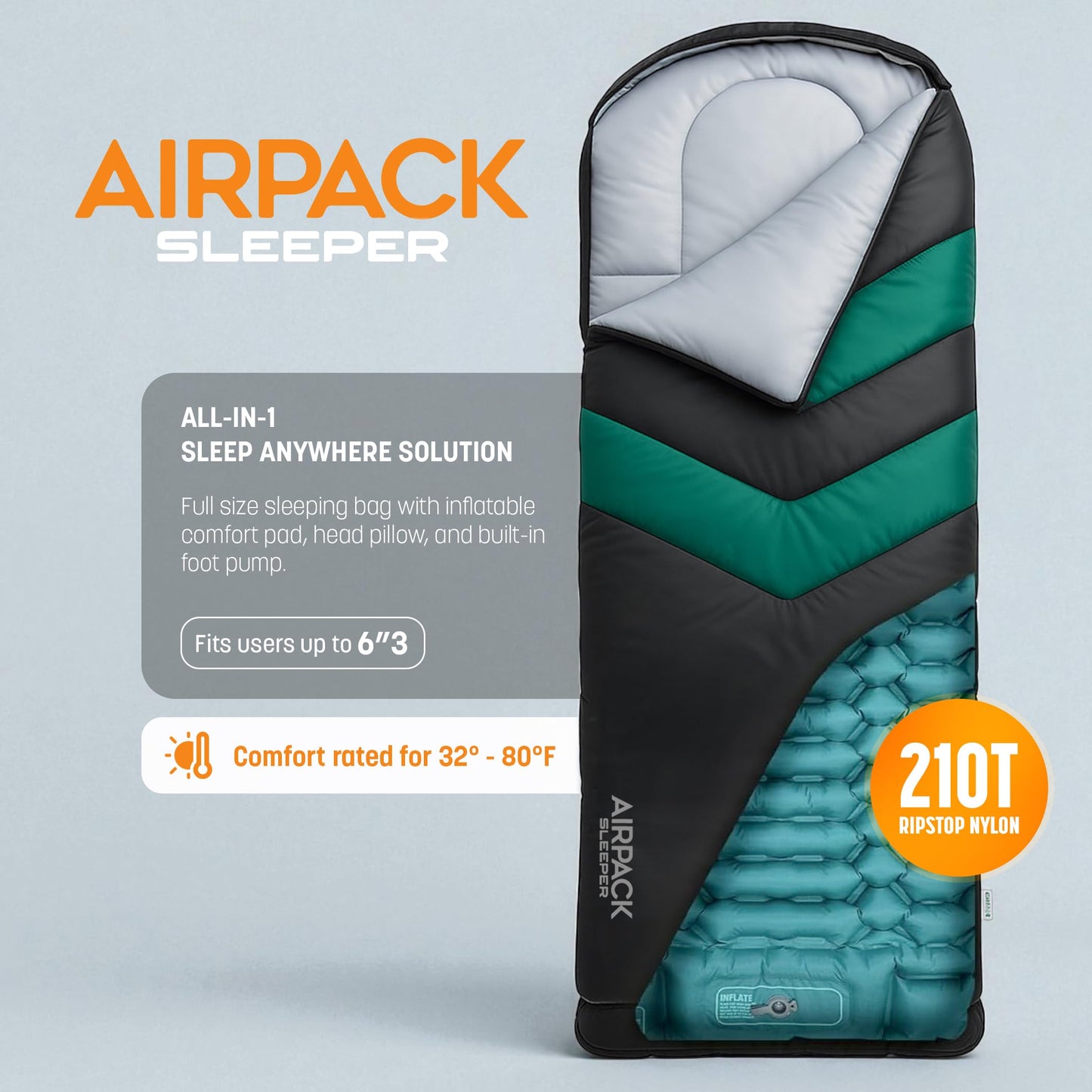 Rangland Sleeping Bag with Built-in Pad (AirPack Sleeper) - All-in-One Inflatable Sleeping Pad and Zip-Up Blanket for Camping with Built-in Foot Pump (Black/Green) 80"×30"