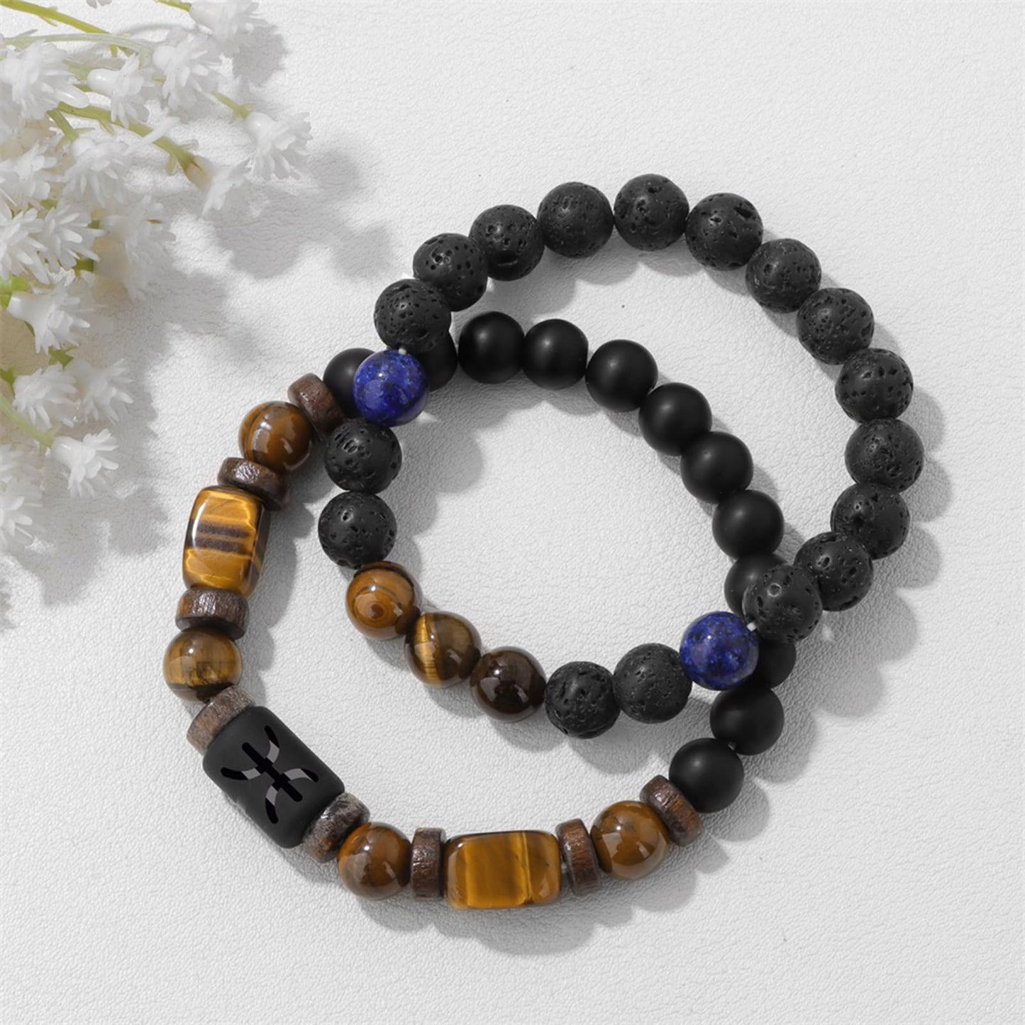 Pisces Zodiac Lapis Lazuli Bracelet for Women Men-2pcs 8mm Obsidian And Tigers Eye Beaded Bracelets Healing Crystals Jewelry for Birthday Valentines Day Mother's Day Christmas Gifts