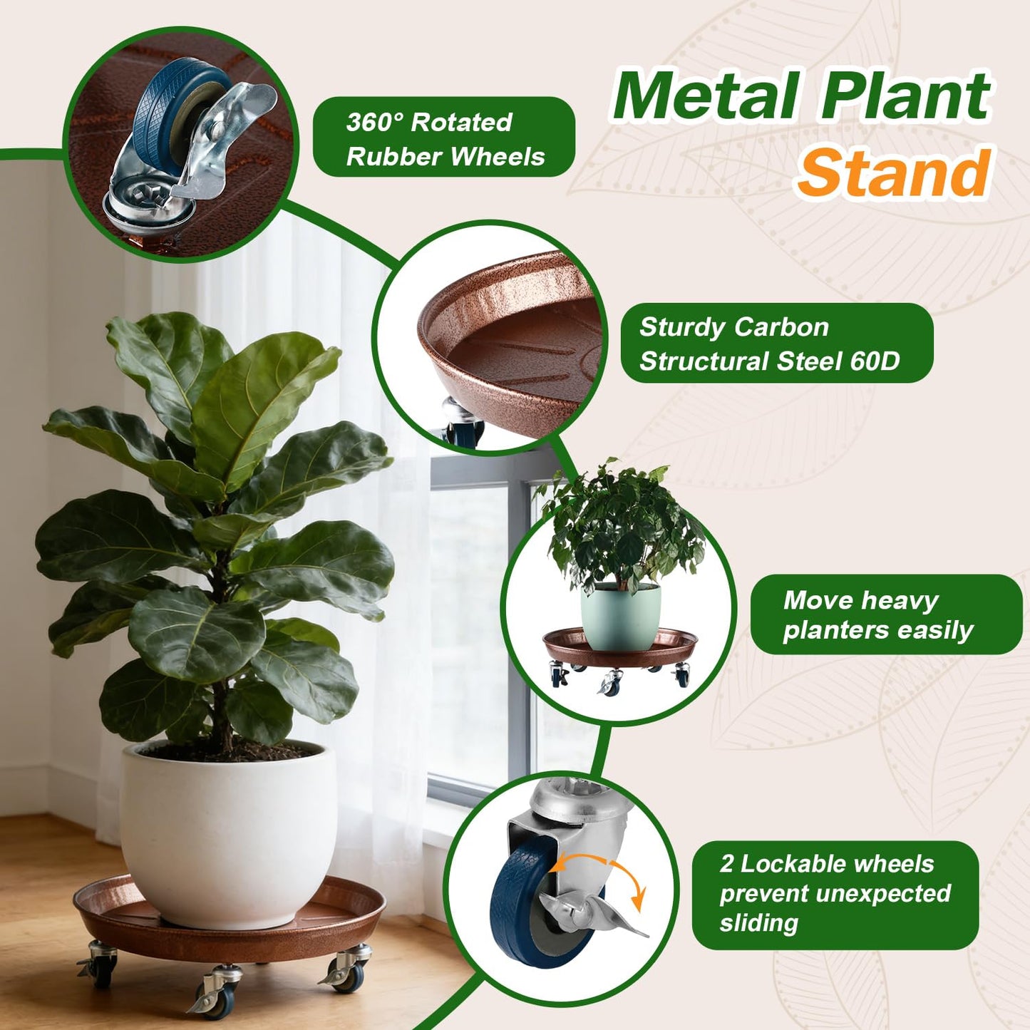 Planterhoma 3 Packs 16" Metal Plant Caddy with Wheels Extra-Large Rolling Plant Stand Heavy-Duty Plant Dolly with Casters Indoor Outdoor Wheeled Flower Pot Mover Rollers Garden Cart Trolley, Copper