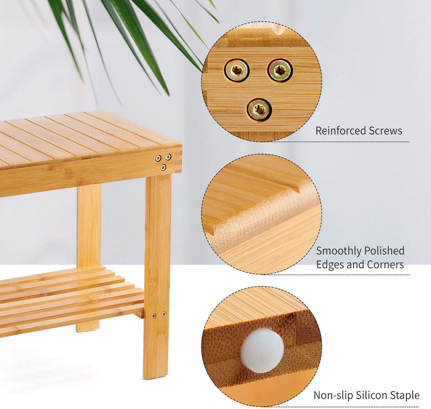 VaeFae Bamboo Shower Bench, Spa Bench Seat Stool, Foot Rest Shaving Stool with Non-Slip Feets and Storage Shelf, Works in Bathroom/Living Room/Bedroom/Garden Leisure