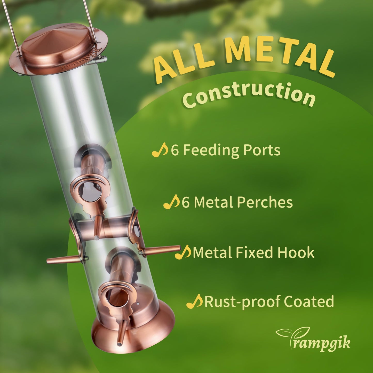 TrampgiK Bird Feeders for Outdoors,13 Inch 6 Ports Squirrel Proof Bird Feefers,Finch Feeder for Outside,Chew-Proof Metal Hanging Bird Feeder,Rust-Proof,Easy to Refill & Clean,Copper,Pack of 1