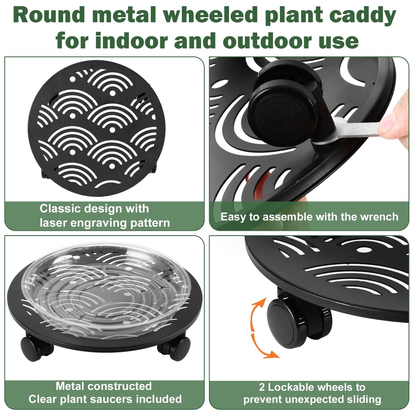 DEELF OUTLET 3 Packs 13.5" Large Metal Plant Caddy with Wheels Heavy-Duty Plant Dolly Pot Mover Rollers Rolling Plant Stands Indoor Outdoor Wheeled Plant Holder Coaster Trolley