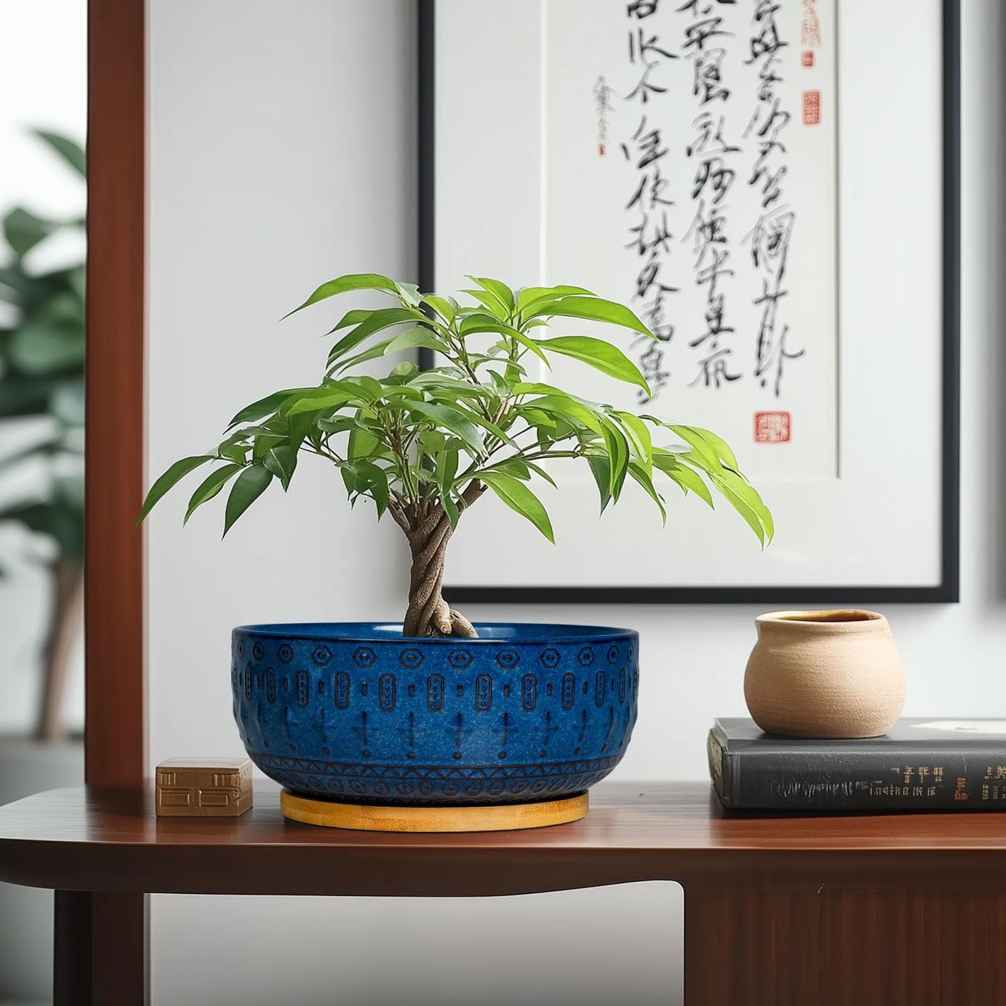 Fivepot Bonsai Pots - 8 Inch Ceramic Succulent Pots with Drainage Hole and Saucer, Planters for Indoor Plants, Modern Round Decorative Flower Planter, Home Decor, Housewarming Gifts, Blue