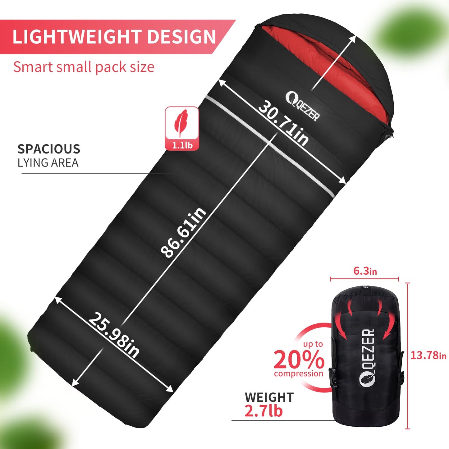 QEZER Down Sleeping Bag for Adults 600 Fill Power Down Sleeping Bag Cold Weather Ultralight Sleeping Bag with Compression Sack for Backpacking, Camping, Hiking (500g Down Filling-Black-Right Zip)
