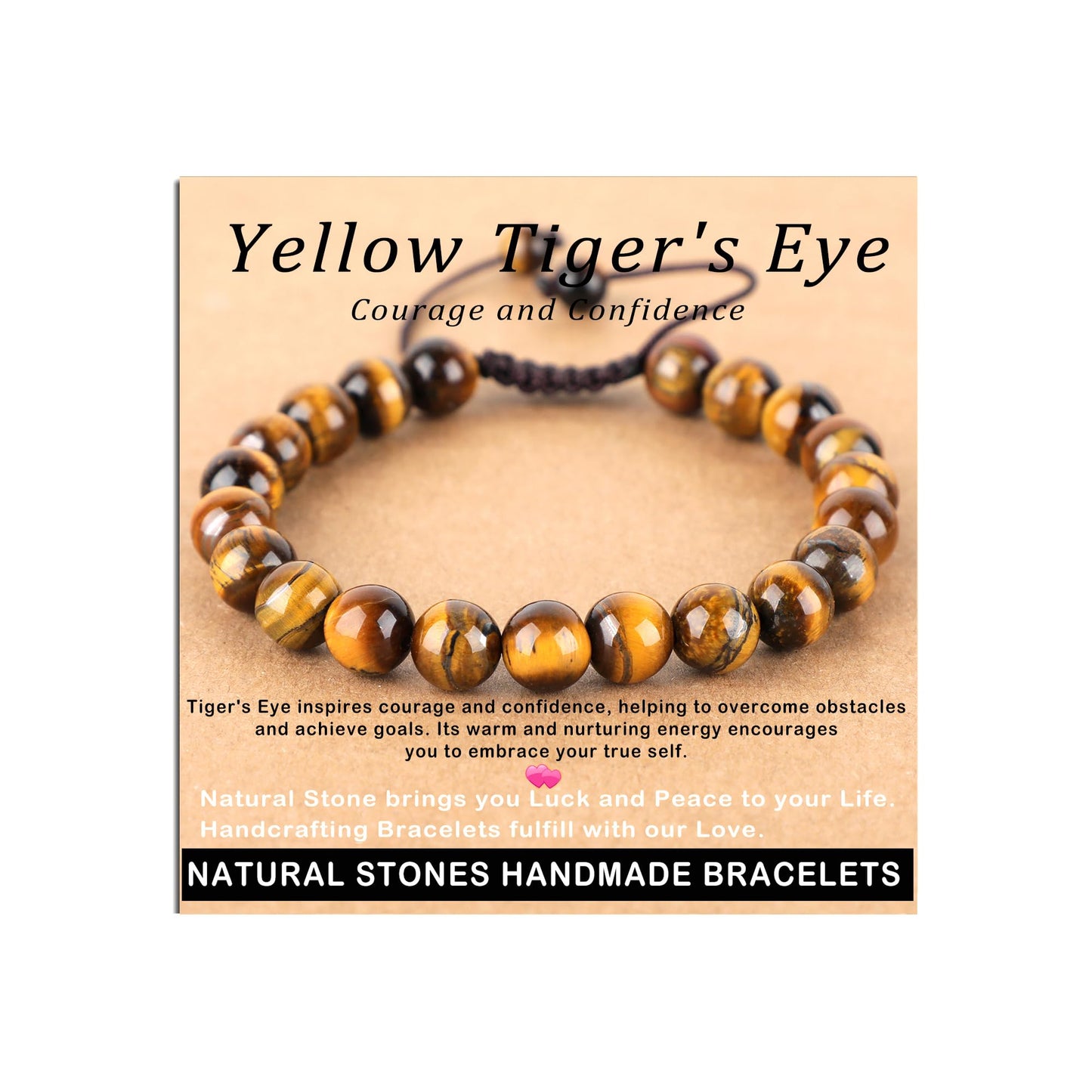 AD Beads 8mm Yellow Tiger's Eye - Courage and Confidence - Handmade Natural Stone Crystal Bracelet with Adjustable Macrame String - Yoga Healing Power Energy Gifts for Men and Women
