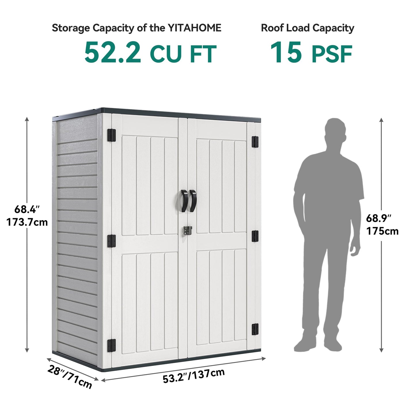 YITAHOME 59 Cuft Outdoor Tall Storage Shed, Waterproof Vertical Resin Shed for Garden, Garage, Patio, Lockable Tool Storage, No Shelves Included, Light Gray
