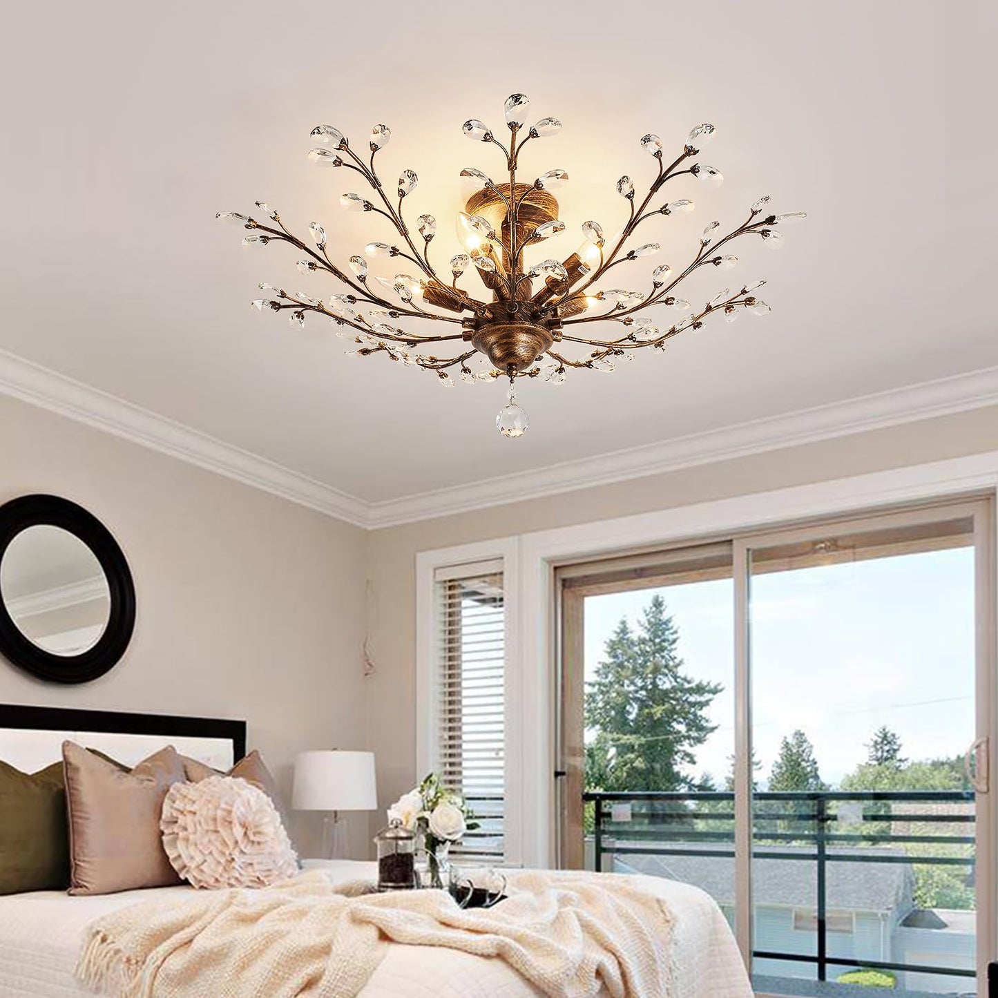 CVKASH 5 - Light Vintage Crystal Chandelier Modern Bronze Branche Ceiling Light Fixture Farmhouse for Kitchen Dining Room Living Room Bedroom Hallway Foyer