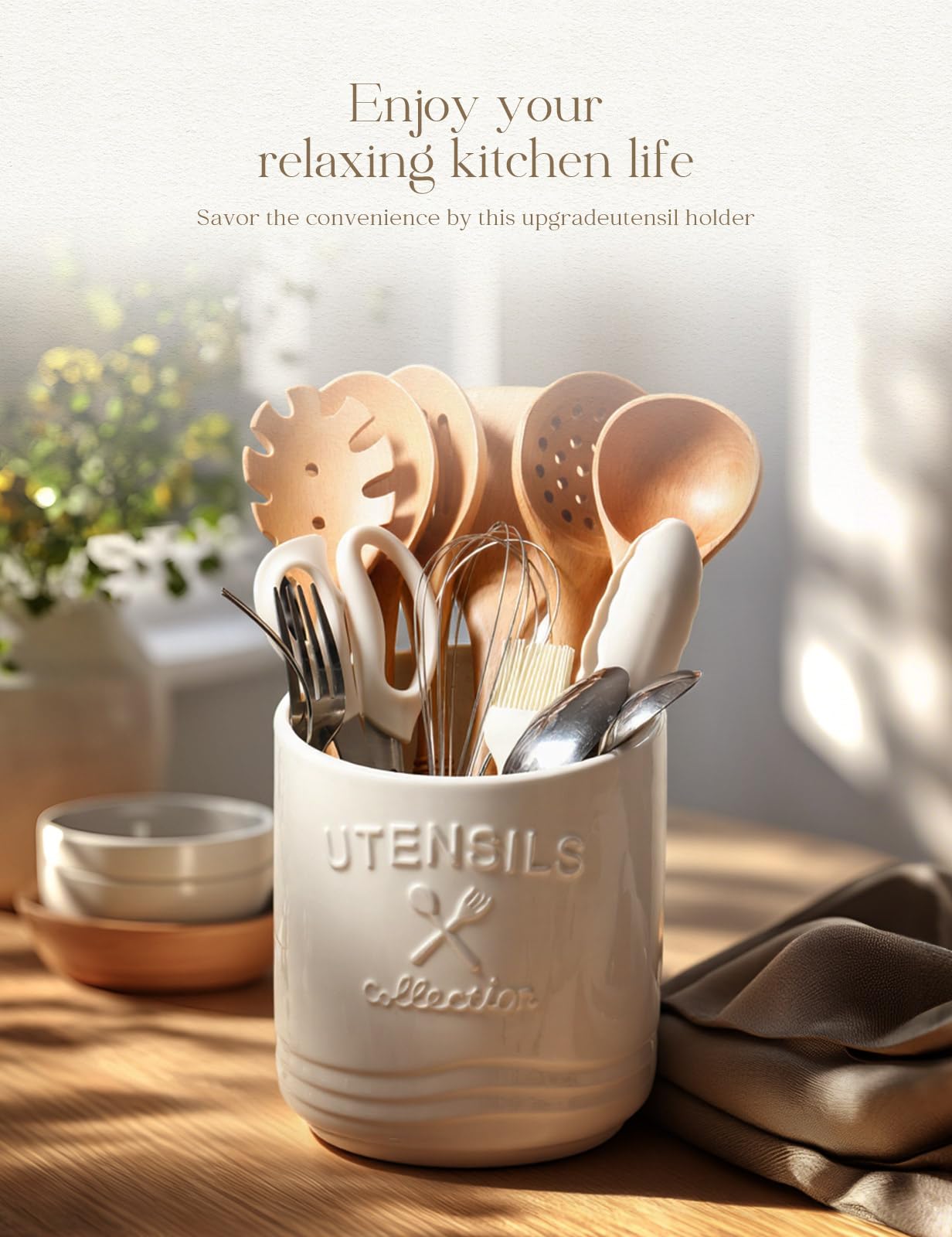 AISBUGUR Large Ceramic Utensil Holder: 7.5" H×6.3" W with Slanted Mouth - Utensil Crock with Non-Slip Cork Base for Kitchen Counter, Ideal for Decor & Gift,white utensil holder