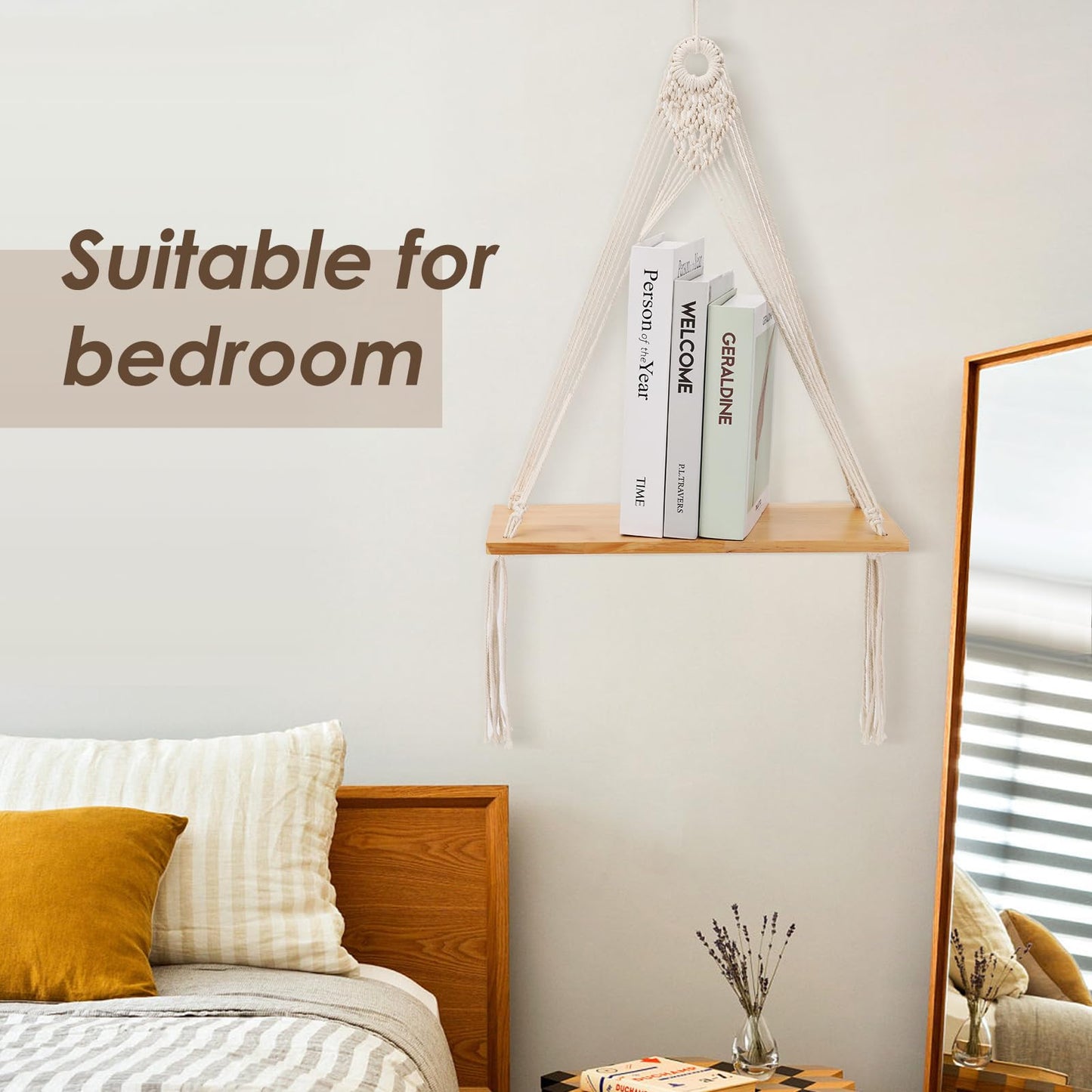 Sunkaioo Macrame Wall Hanging Shelf Set of 2,Boho Wooden Display Floating Shelves for Wall Decor with Handmade Woven Rope,Farmhouse Rustic Plant Shelf for Bedroom Dorm Nursery Living Room Bathroom