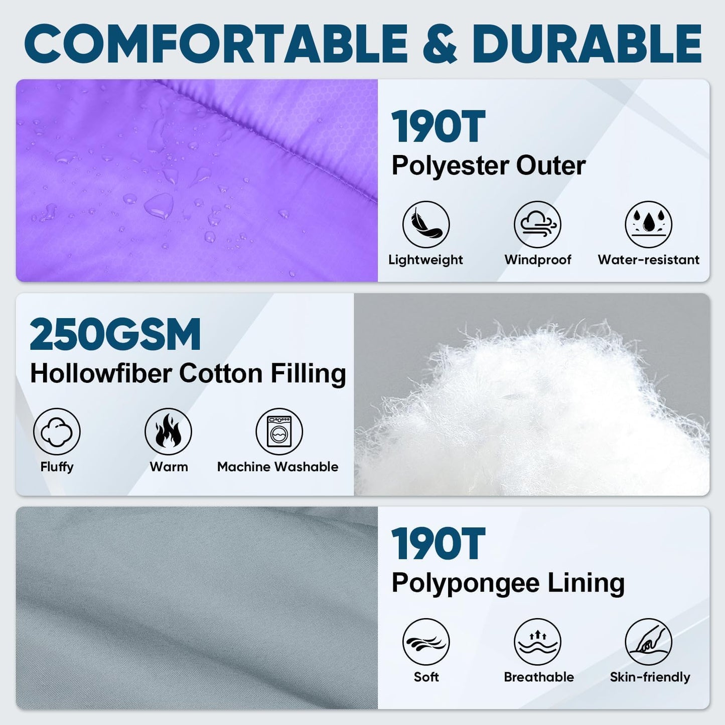 PTEROMY Sleeping Bags for Adults, Lightweight and Machine Washable, Water Resistant Backpacking Camping Sleeping Bag for Warm Cold Weather, Camping Essentials for Hiking Travel (Purple, 1.35kg)