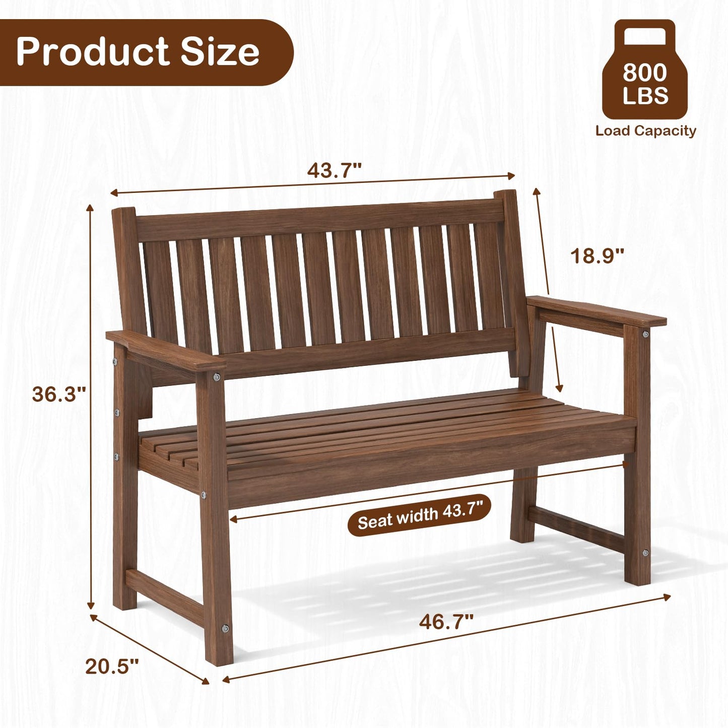 ACUEL Outdoor Bench, 2-Person Garden Bench, Poly Lumber Patio Bench for Outdoors, Porch, and Park (Brown)