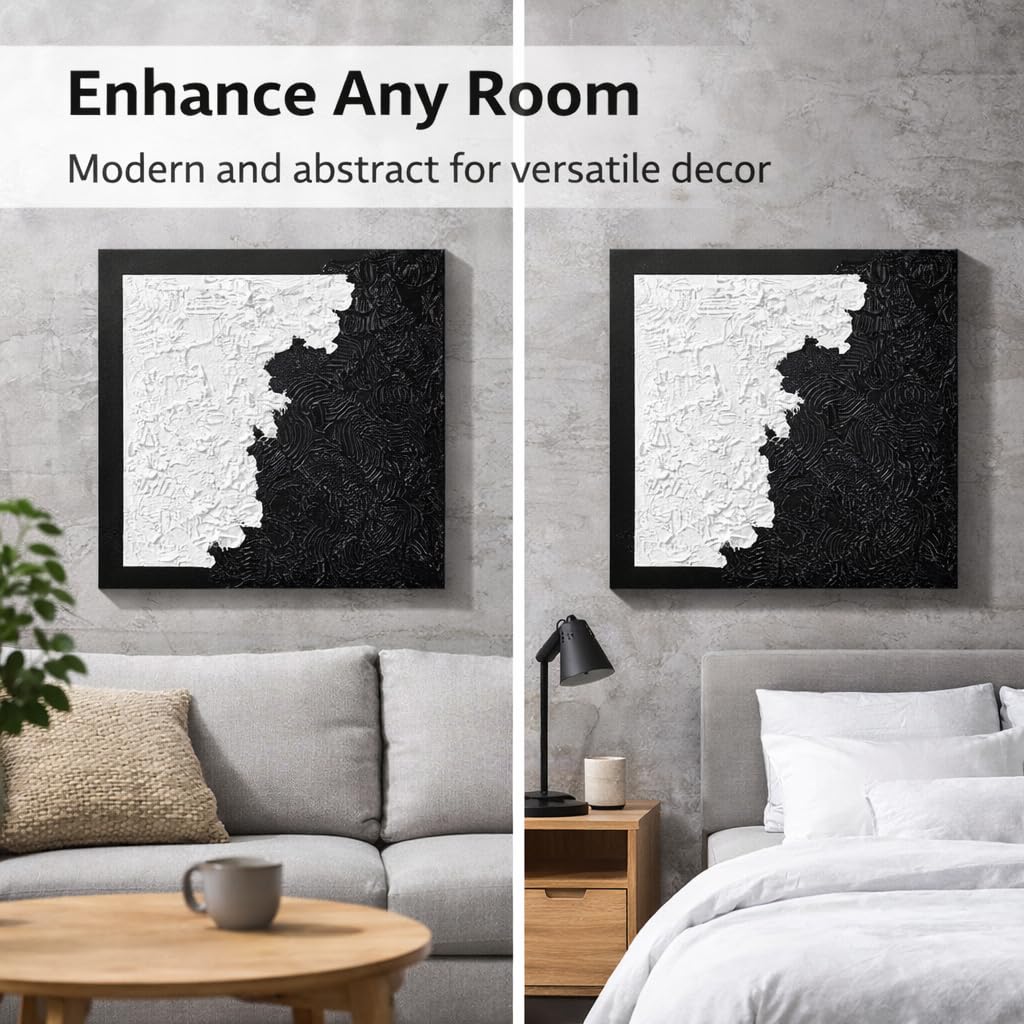 HONGRUIFAN Handmade Textured Canvas Wall Art 24x24 Inches, Black and White Abstract Art, Handcrafted Cotton Canvas, Ready to Hang