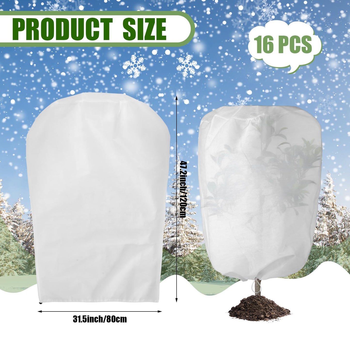 SATINIOR 16 Pcs 32 x 47 Inch Plant Covers Freeze Protection, Reusable Plant Protector Frost Cloth Warm Blankets, Winter Bush Tree Cover with Drawstring Outdoor (White)