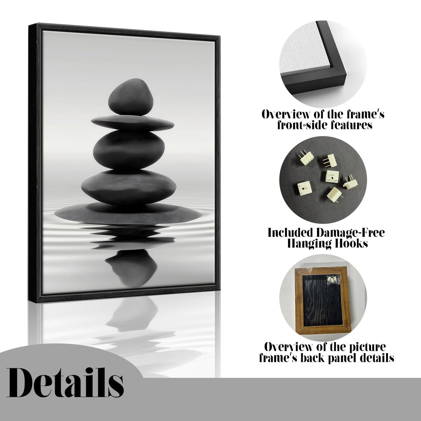 DCMVJHZV Framed Black and White Bathroom Wall Art Zen Stones in the water Bathroom Wall Art Yoga Meditation Picture Wall Decor Spa Room Bedroom Living Room Wall Painting Print (12"x16")