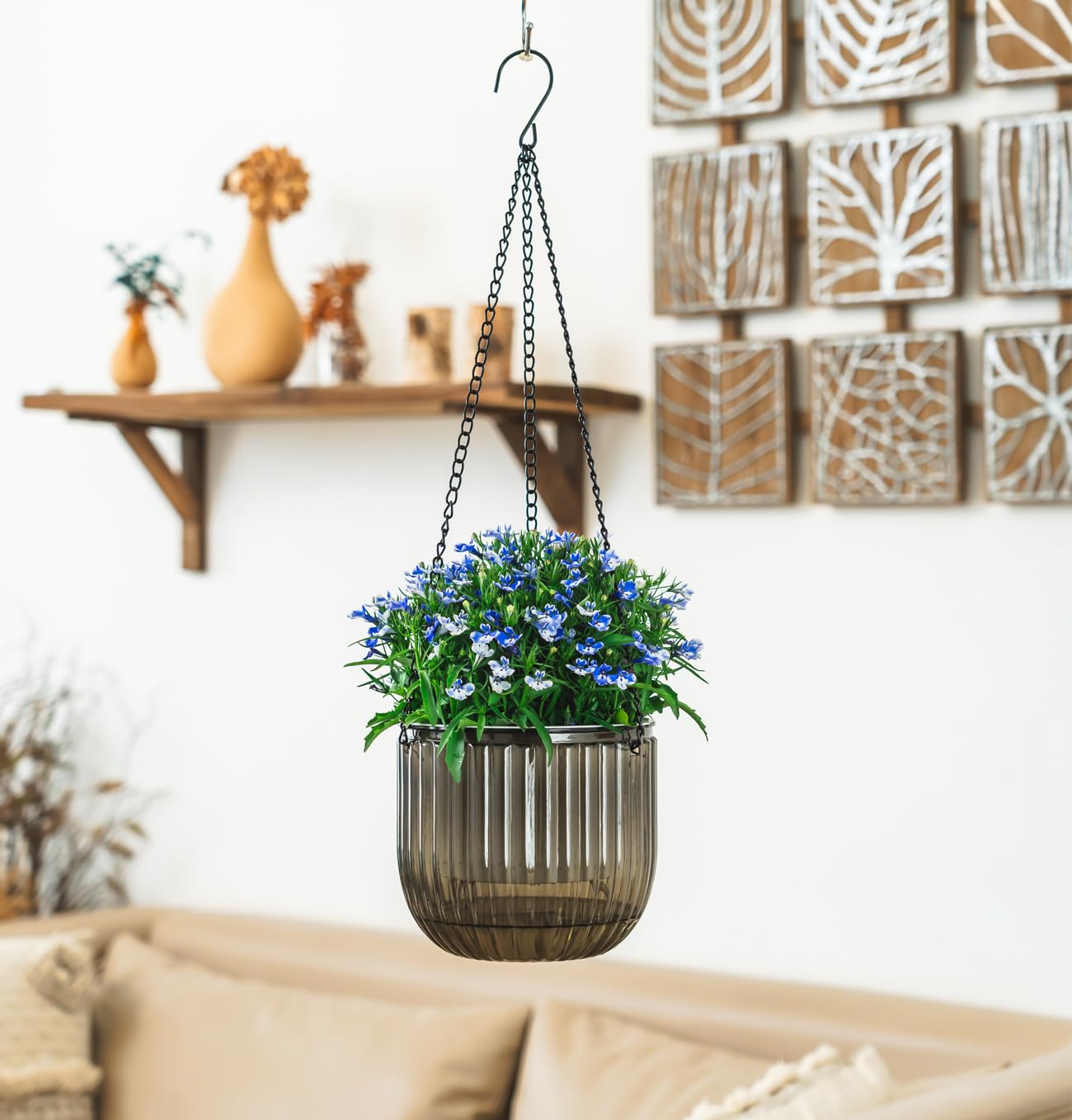 Melphoe 2 Pack Self Watering Hanging Planters Indoor Flower Pots, 6.5 Inch Outdoor Hanging Plant Pot Basket, Plant Hanger with 3Hooks Drainage Holes for Garden Home (Gray)