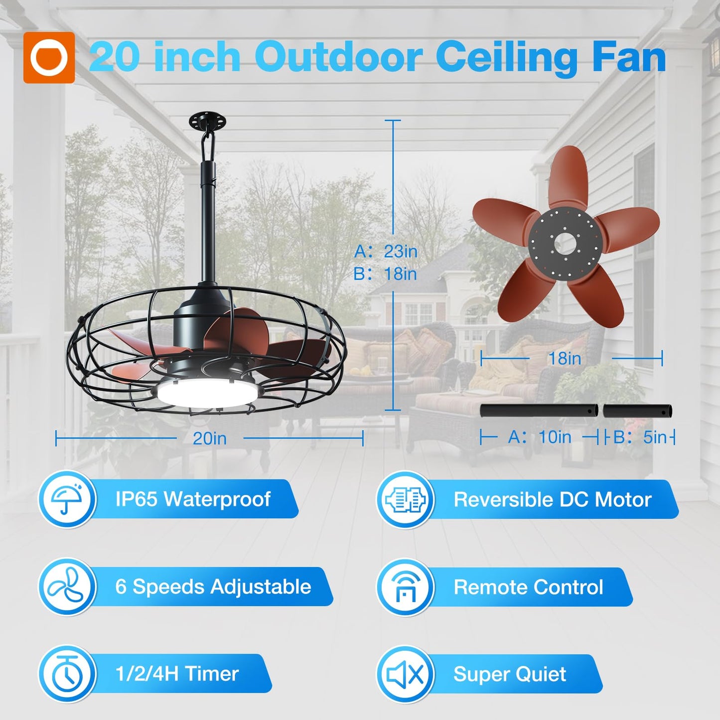 addlon 20 Inch Outdoor Ceiling Fan with Light for Patio, IP65 Waterproof Plug in Caged Hanging Fan, Remote Control, 3 CCT, 6 Speeds Reversible Outdoor Fan for Gazebo, Pergola, Porch
