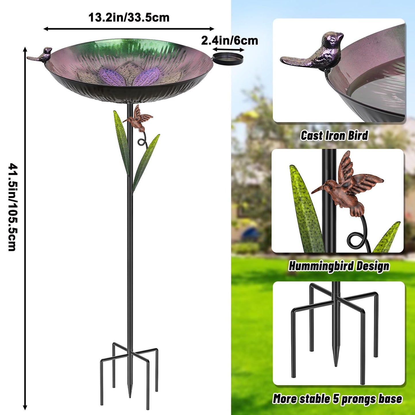 YALINKA 41.5" Metal Bird Bath for Outside, Detachable Birdbath Sturdy 5-Prong Stake Base with Bowl & Decorative Birds, Durable Iron Garden Birdbath & Feeder for Patio Wildlife Décor (Purple to Green)