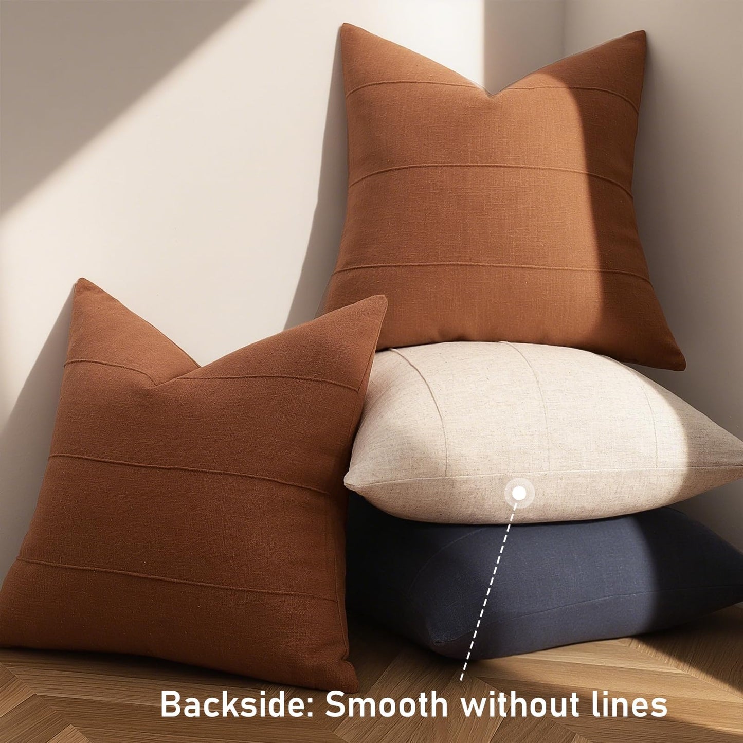 Decorative Linen Throw Fall Pillow Covers 18x18 Set of 2 Solid handcrafted Striped Cushion Covers for Bed Soft Modern Farmhouse Neutral Pillowcase for Couch Bedroom Living Room Home Fall Decor(Rust)