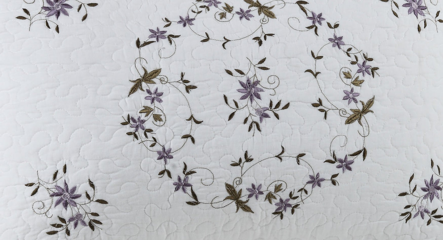 Gwen Embroidered Floral Quilted Bedspread, Lightweight Breathable All Seasons Bedding, King Size, White/Purple
