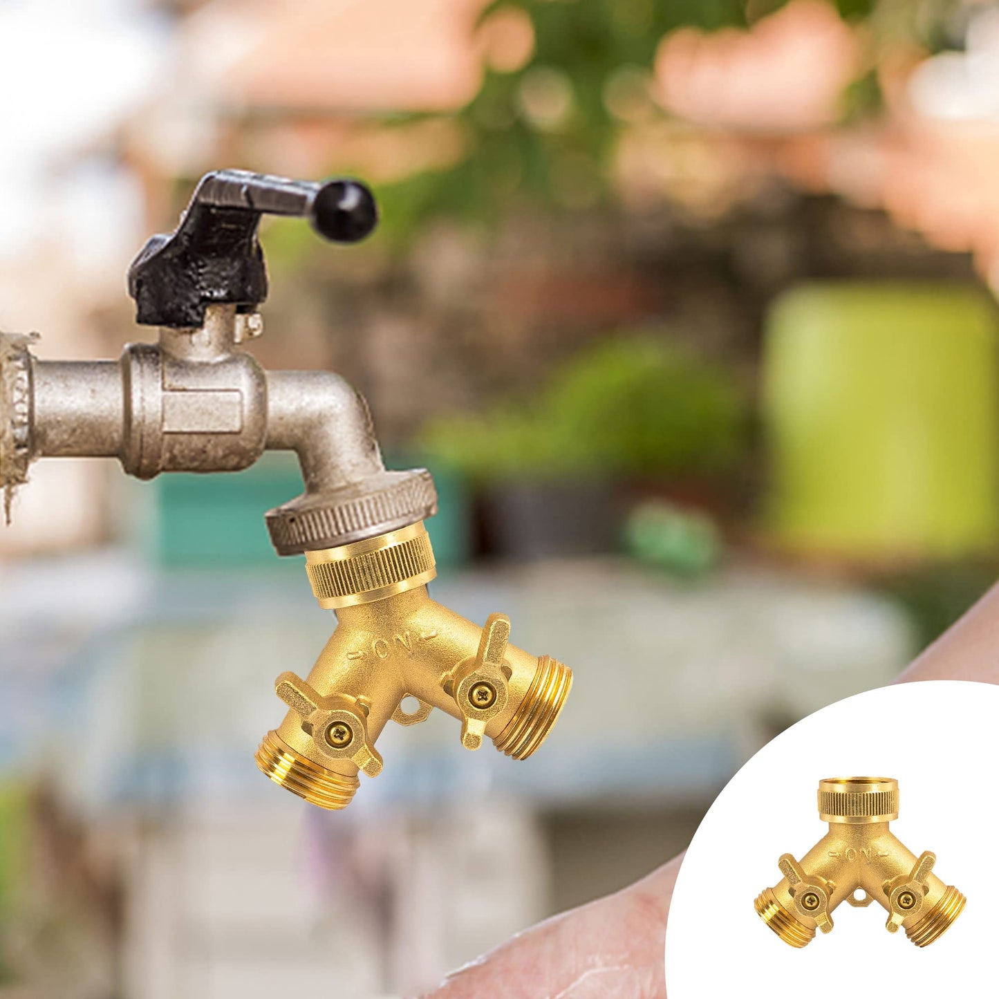 Hourleey Brass Garden Hose Splitter (2 Way), Solid Brass Hose Y Splitter 2 Valves with 2 Extra Rubber Washers (2 PACK)