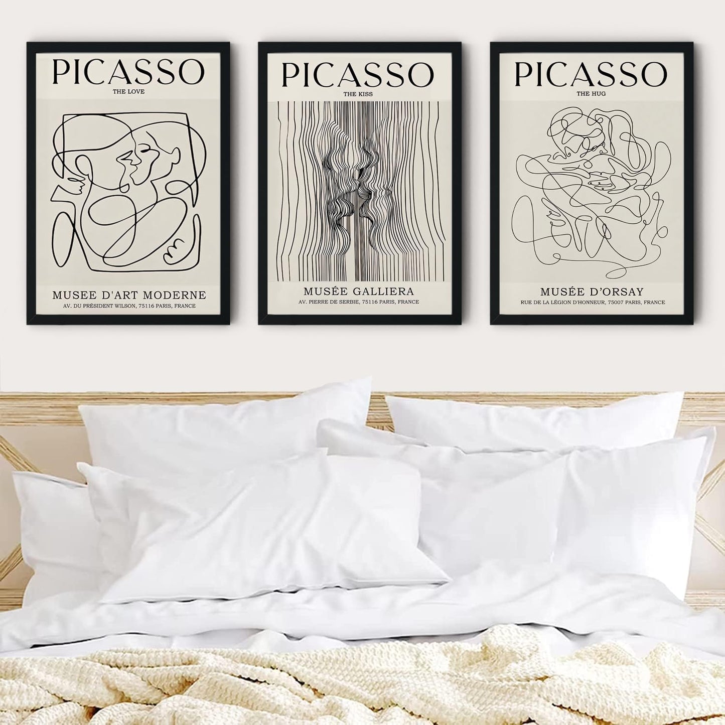 Framed Picasso Abstract Female Line Wall Art Prints Set of 3 Picasso The Kiss, The Love, The Hug Poster Set Mid Century Modern Minimalism Canvas Paintings Gallery Exhibition Prints with Black Frame