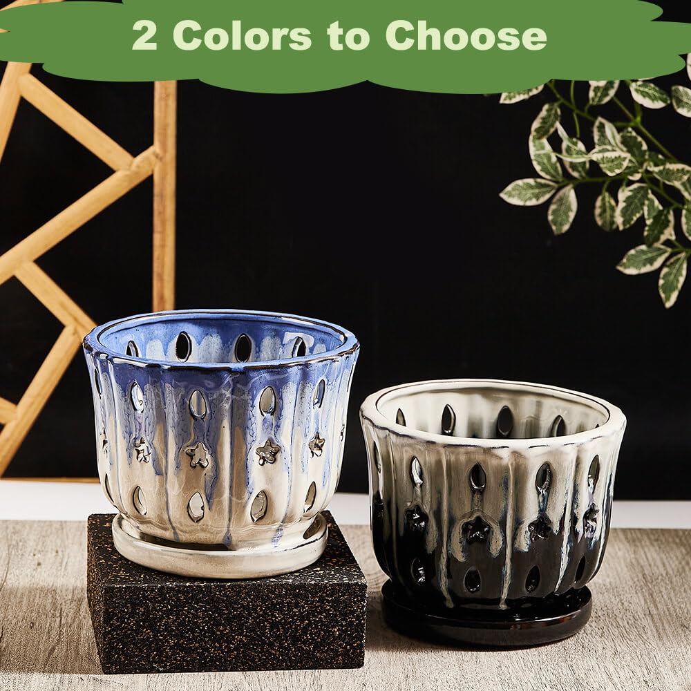NiSevenLiving Orchid Pots with Holes Attached Saucers 6 Inches - 1 Pcs Small Ceramic Pots for Repotting, Decorative Ceramic Orchid Planter with Hole for Healthy Root Growth White Over Black