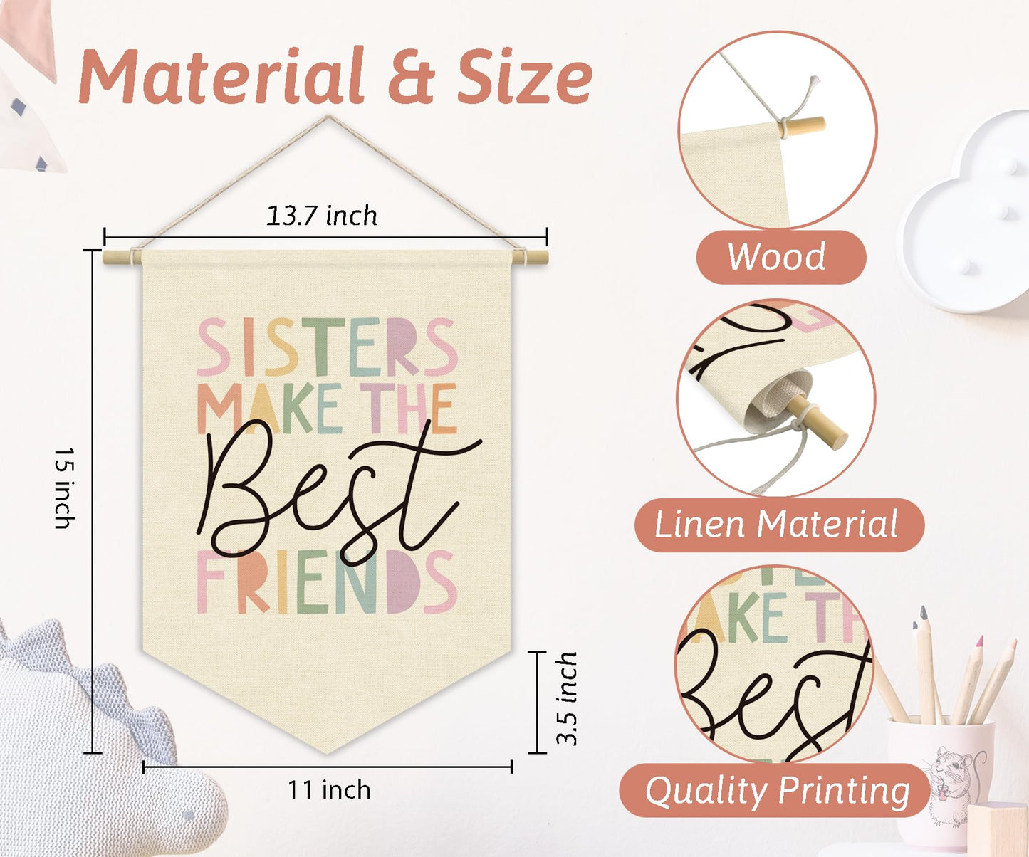 XYDEG Girls Room Wall Art Decor,Toddler Girl Room Cute Pink Nursery Bedroom Playroom Canvas Banner Decorations,Sisters Make The Best Friends Wall Hanging Pennant Flag Banner