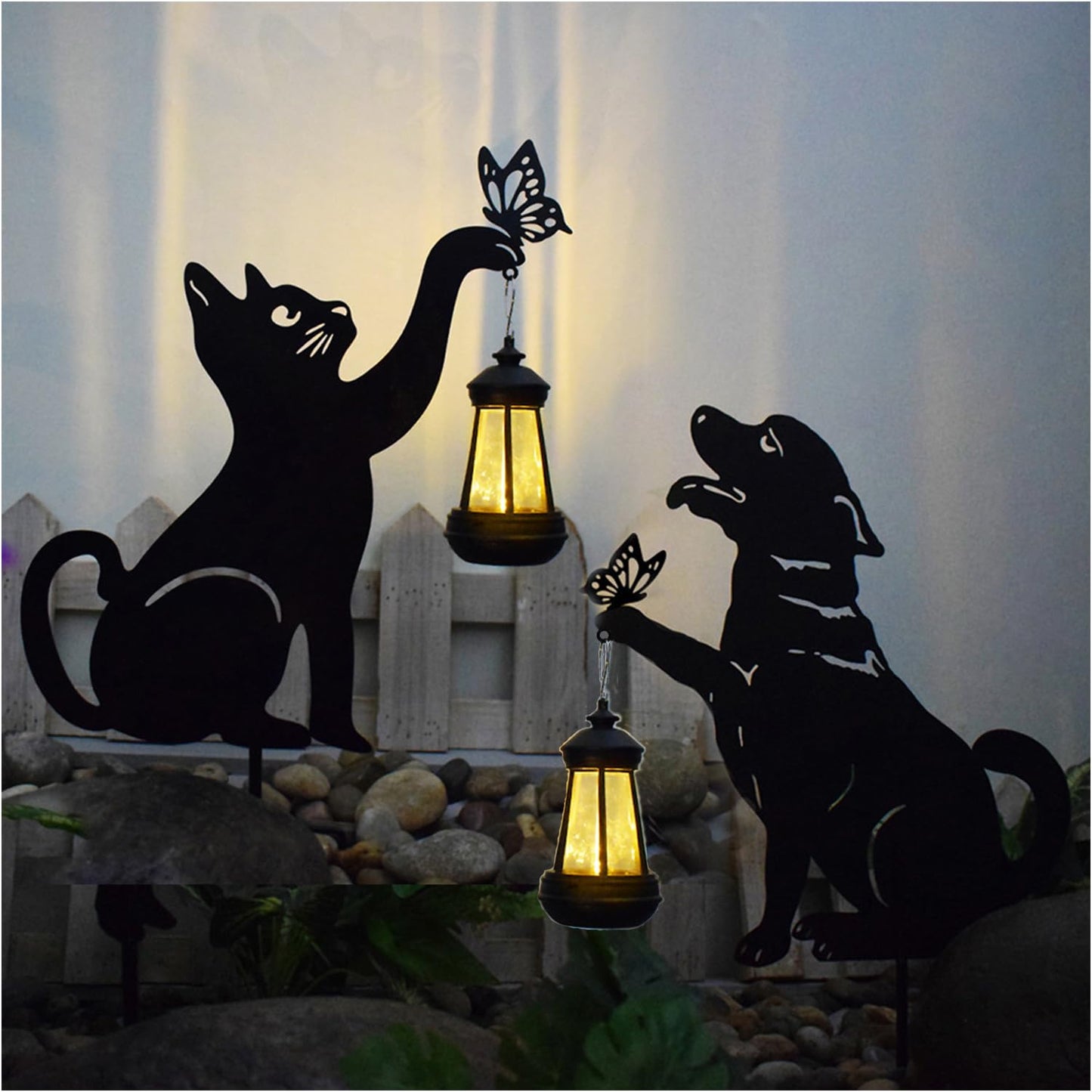 DOMSCIEN Solar-Powered Black Dog&Cat Garden Decor Stakes - Metal Silhouette Figurine for Outdoor Yard, Lawn, and Patio Decoration