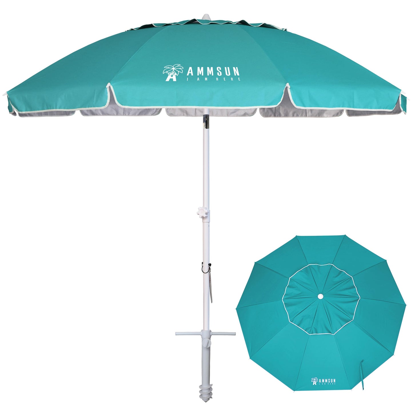 AMMSUN 8 Feet Large Beach Umbrella with Sand Anchor Heavy Duty High Wind Portable Outdoor Umbrellas UPF 50+ Protection Air Vent Tilt Patio Garden Pool Teal