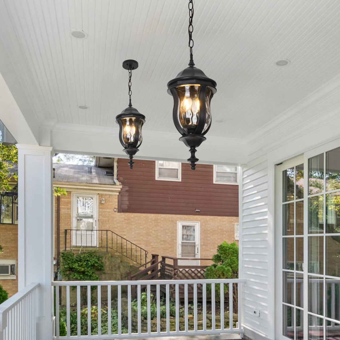 Smeike Large Outdoor Pendant Light Fixtures, 19.1'' Exterior Hanging Lantern Porch Light Adjustable, Black Hanging Lamp Farmhouse Exterior Chandelier Ceiling Mount for Entrance Patio