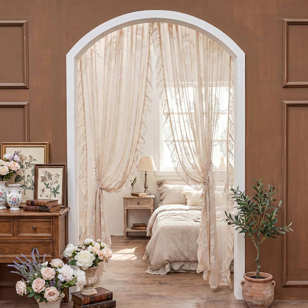 LOHUT Beige Lace Curtains for Bedroom 2 Panels Set Cute Vintage Curtains Sheer Floral Embroidery,52W*63L