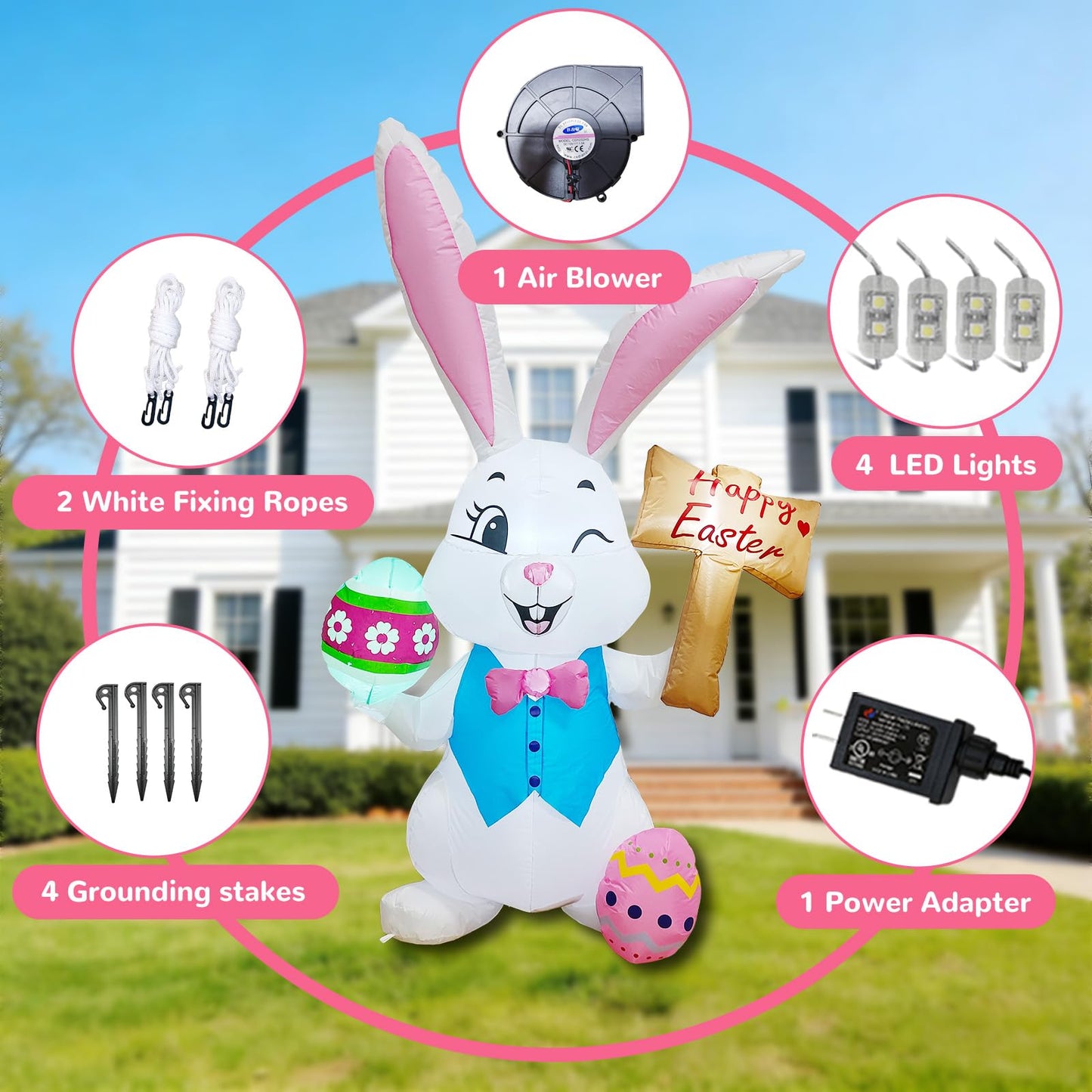 5FT Easter Inflatables Outdoor Decorations，Inflatable Bunny with Easter Eggs, Blow-up Yard Decor for Indoor/Outdoor Garden Lawn & Holiday Party (Rabbit Raise The Sign)
