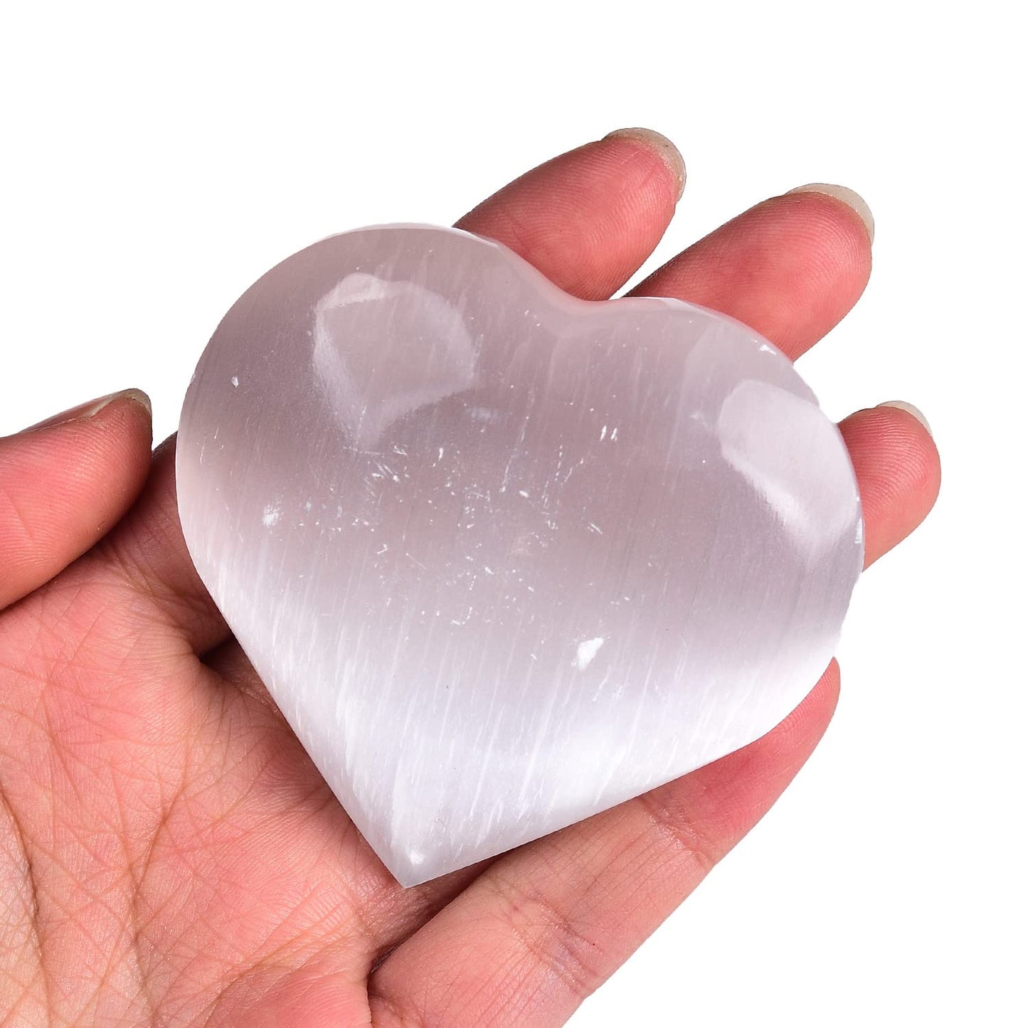 JIC Gem Selenite Heart 2 Inch(60mm) Love Palm Worry Stone Crystals and Healing Stones with Free Display Holder and Gift Box Home Decoration