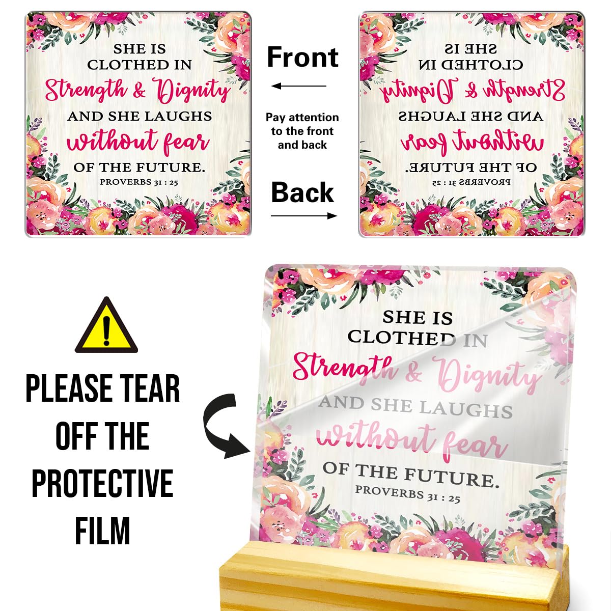 Christmas Gift For Women, Birthday Thanksgiving Christmas Gift, Acrylic Plaque With Wooden Stand Desk Decor, Proverbs 31:25 She Is Clothed In Strength And Dignity Sign