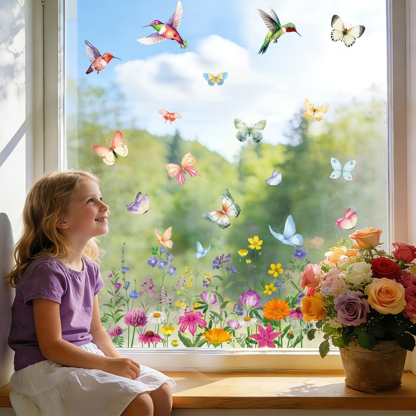 AhfuLife 9 Sheets Spring Window Clings, Larger Spring Flower Floral Butterfly Bird Window Stickers for Glass, Home, Office, School Party Decoration Spring Theme Supplies