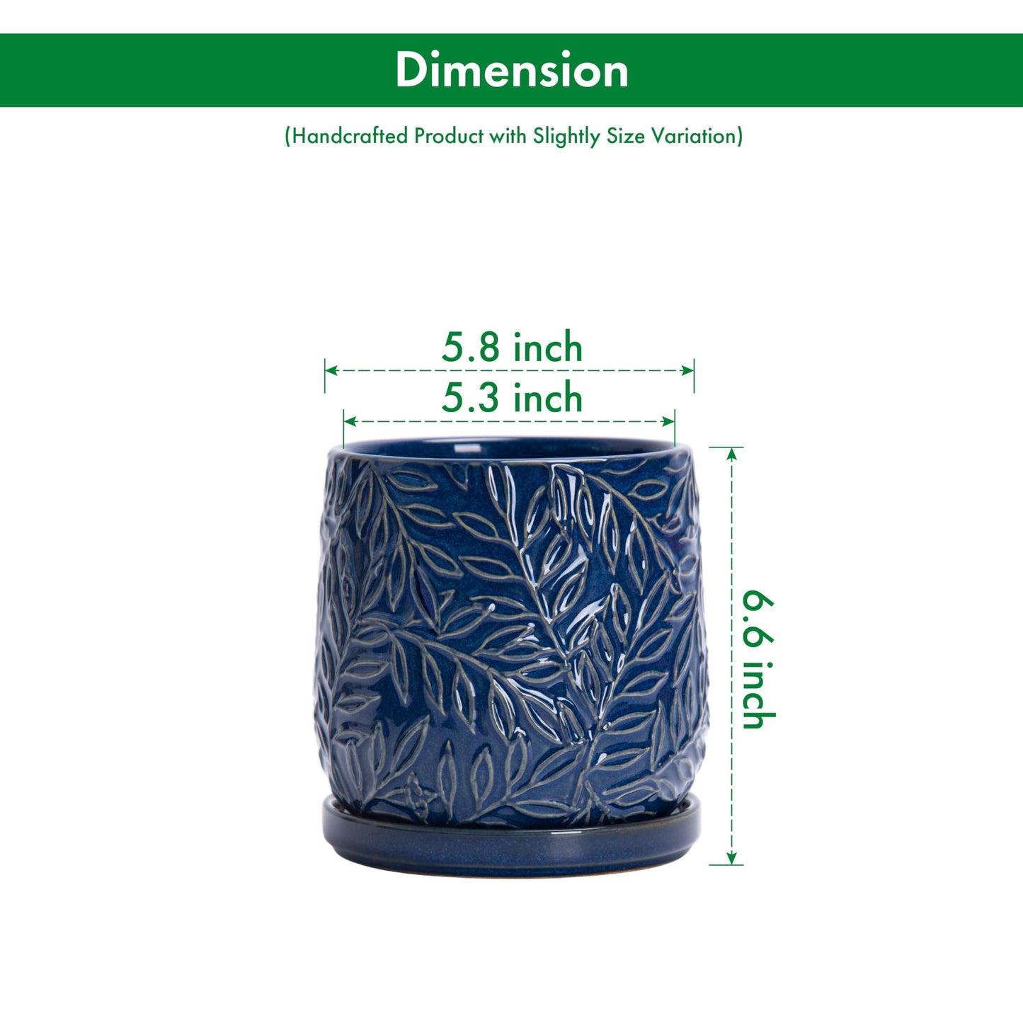 D'vine Dev 6 Inch Embossed Leaves Stoneware Planter Pot with Drainage Hole and Saucer, Midnight Blue, 27-A-X-3