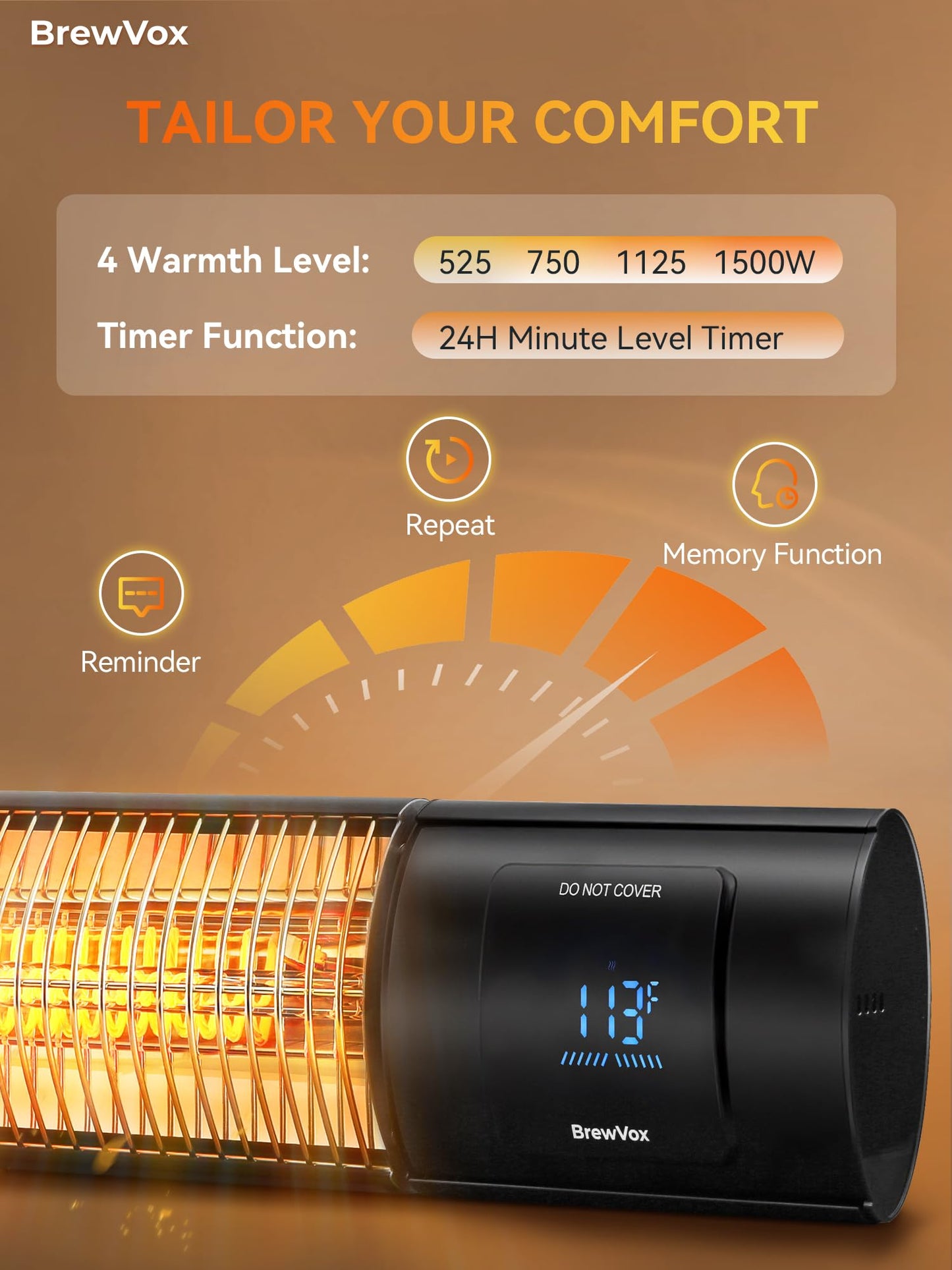 BrewVox Carbon Infrared Electric Outdoor Patio Heater with Thermostats, Smart App-Controlled with Remote On/Off & Timer for Living Room, Bedroom, Garage, Office