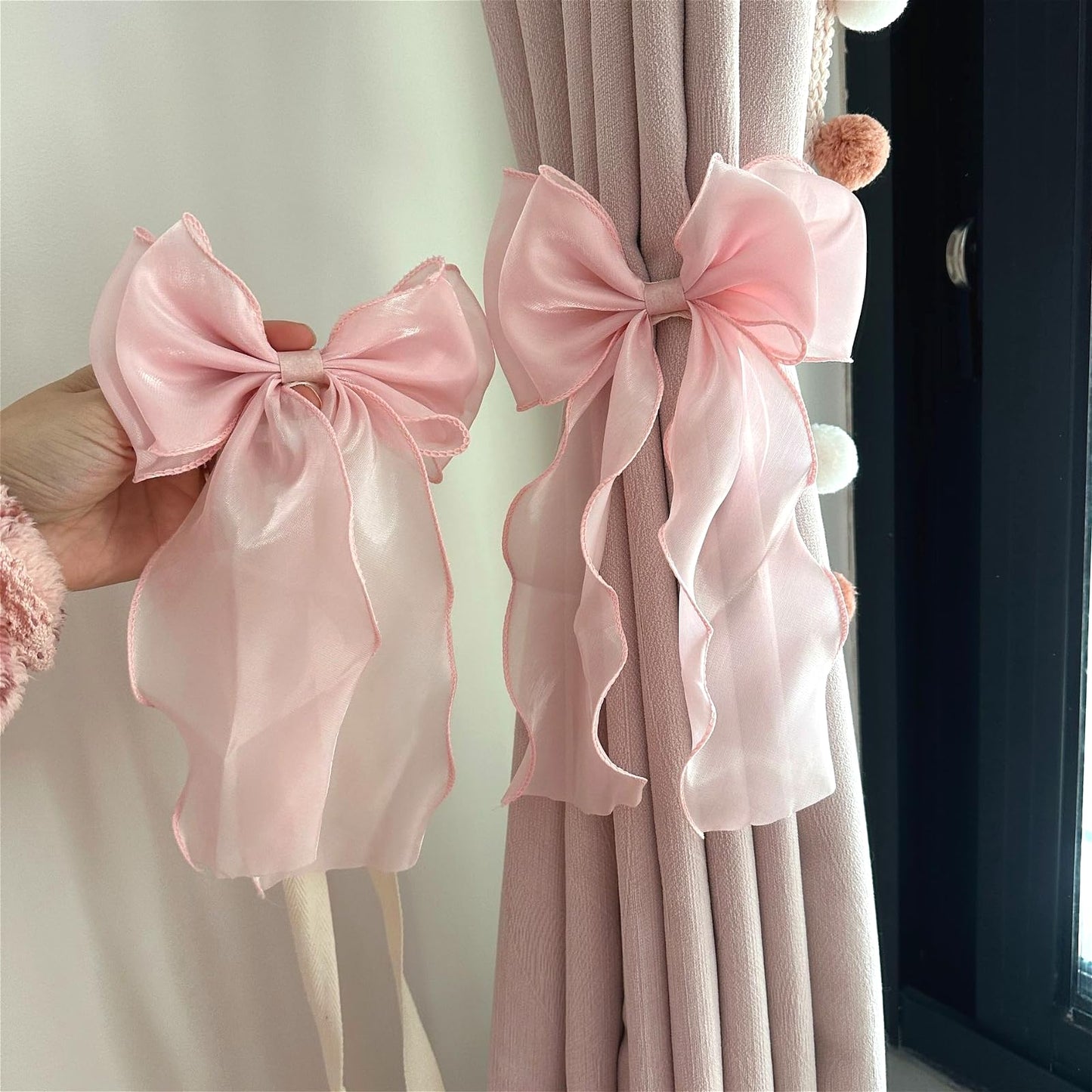 2 Pack French Silky Bow Curtain Tiebacks, Elegant Lace Ribbon for Curtains Decorative Rope Accessories Home Décor (Pink,2)