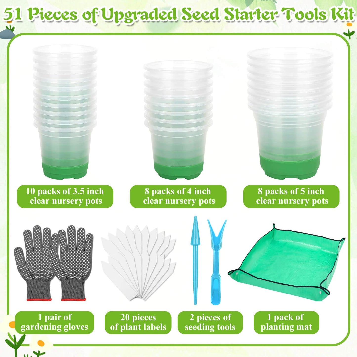 Caffox 51PCS Reusable Seed Starter Kit Includes 26 Packs 3 Sizes Clear Nursery Pots with Silicone Base, Repotting Mat, Gardening Gloves, Plant Labels and Seedling Tools for Easy Transplant