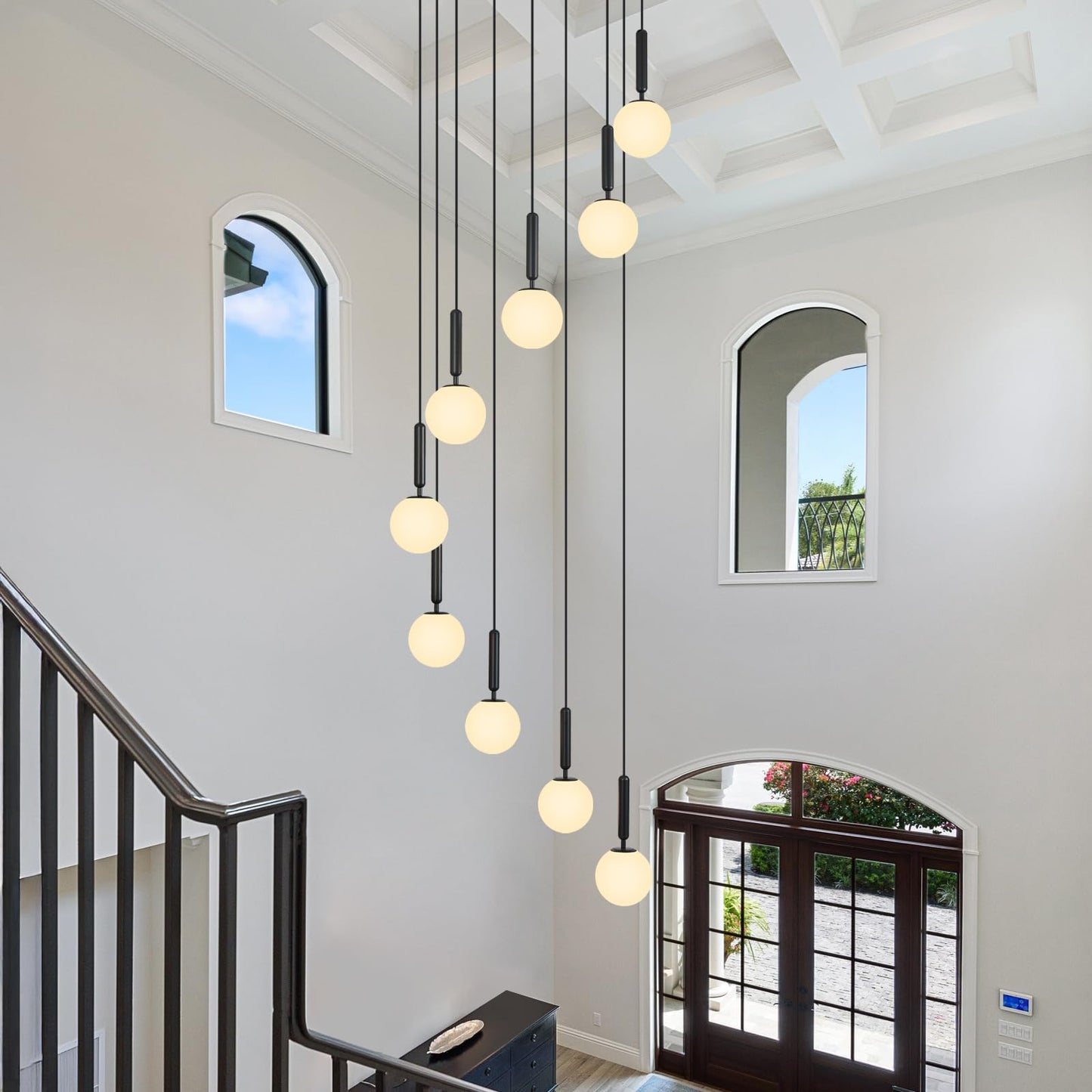 FDPBY 9-Lights Black Chandelier with Milk White Glass Mid Century Modern Globe Pendant Light for Foyer Living Room Entryway Hallway