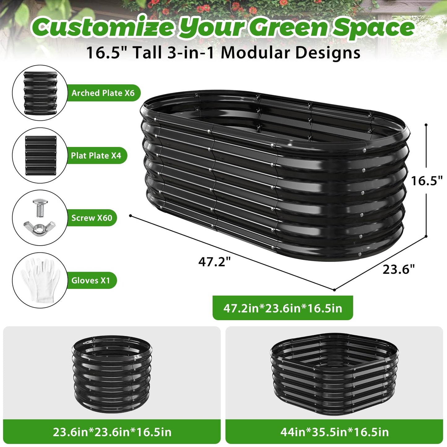 YSEJOMP 17" Tall Outdoor Garden Raised Garden Bed Kits, 4ft X 2ft Oval,0.8MM Thick Metal Raised Planter Bed/Ground Planter Box for Variety of Flowers,Herbs,Vegetables (Black, 48X24X16.5 Inches)
