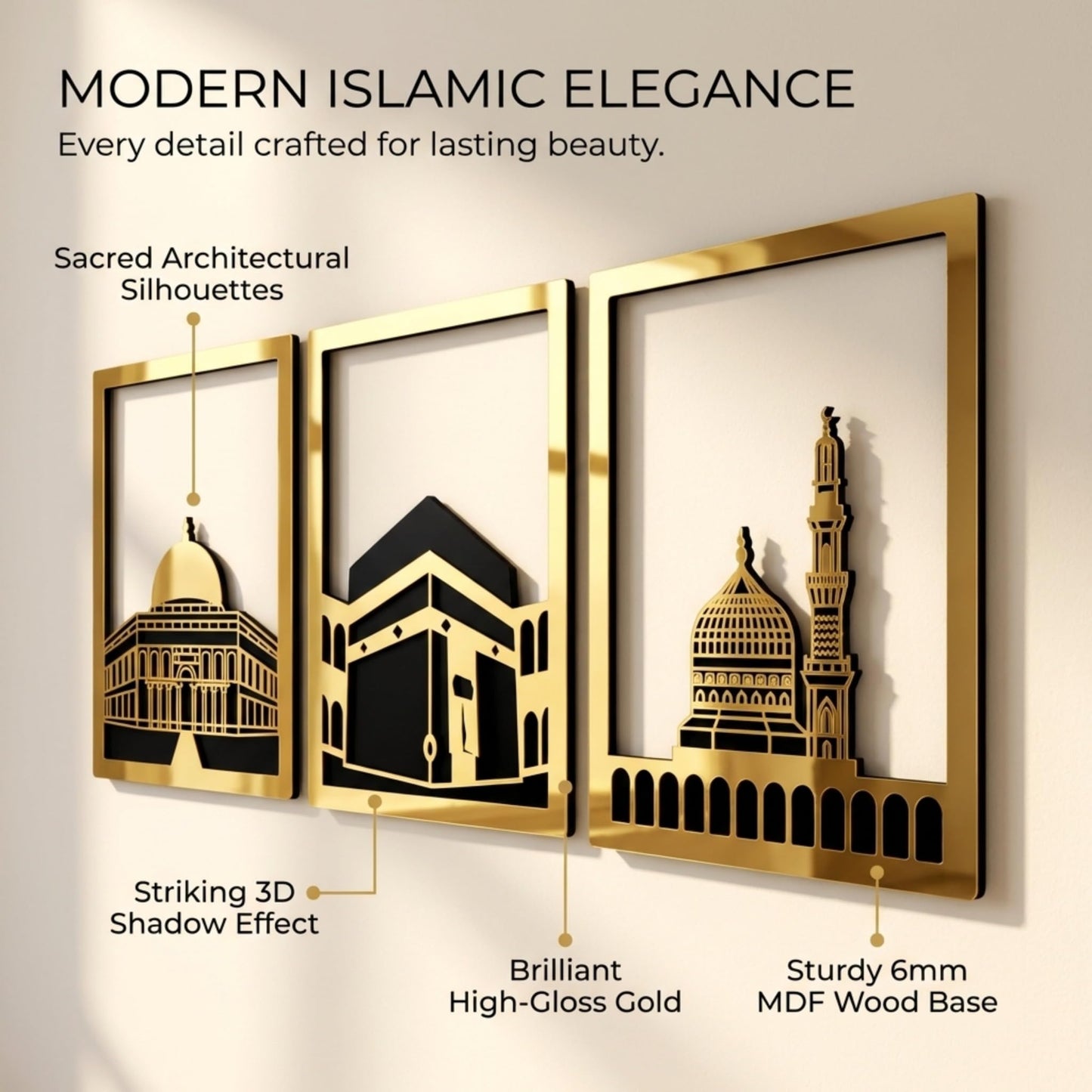 iwa concept Masjid Al Aqsa, Kaaba & Masjid An-Nabawi Islamic Wall Art, Wooden Blessed Places Islamic Wall Decor, Gift for Muslims at Ramadan Eid (Small, Gold | All Three)