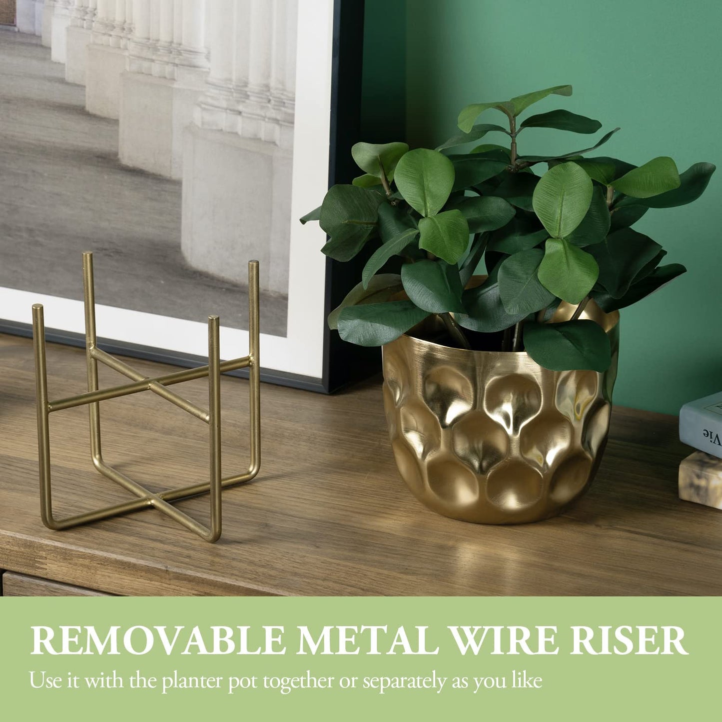 MyGift 7 Inch Deluxe Modern Hammered Brass Tone Metal Flower Planter Pot with Decorative Riser, Plant Pot with Display Stand Décor - Handcrafted in India