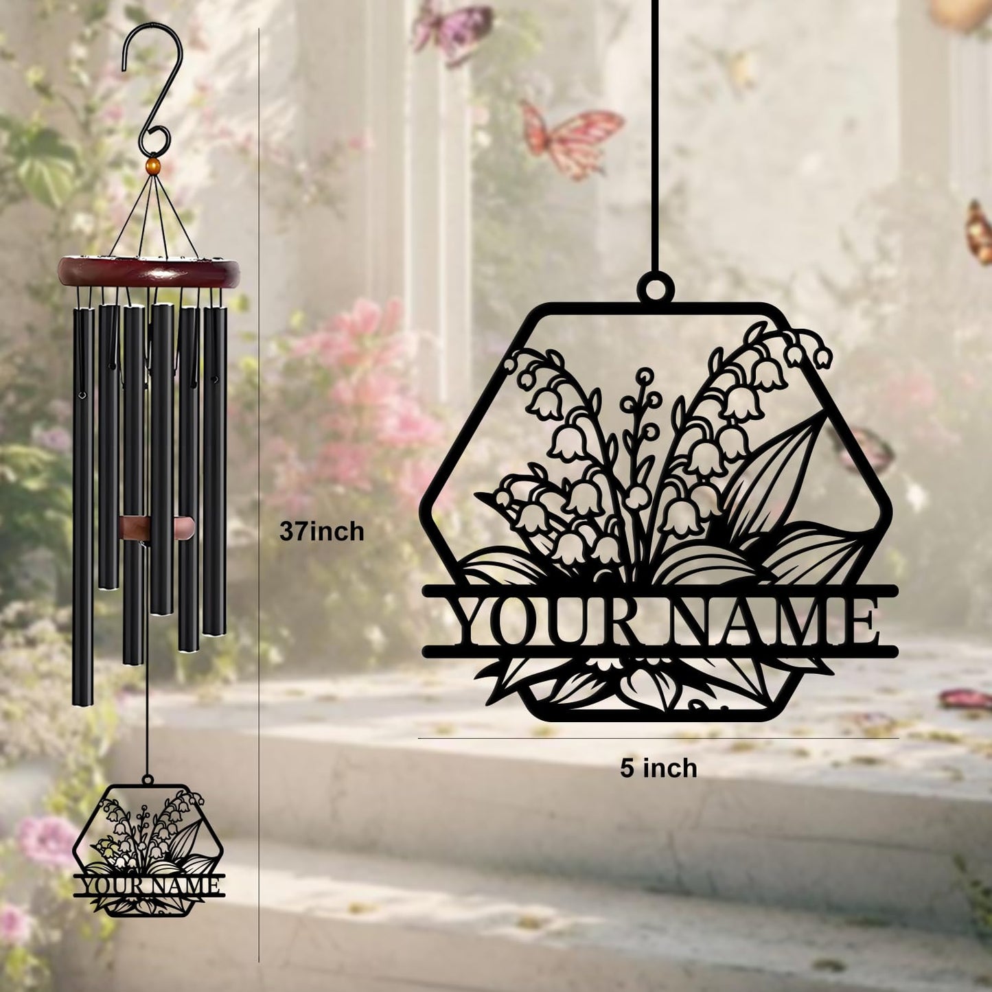 WindWink Personalized Customize Name Lily of The Valley Wind Chime, Metal Iron 37 Inch Outdoor Memorial Gift for Garden Yard Patio Home Florist Decor, Black,Mom Gift (Style G)